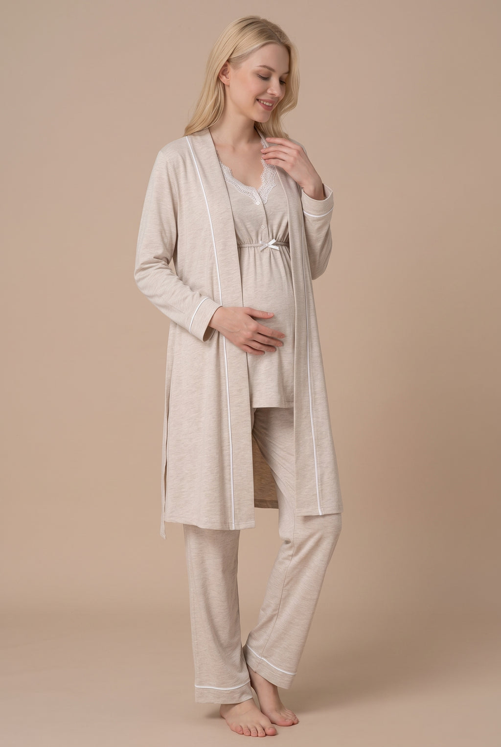 Şık Tasarım Dantel Detaylı Emzirme Kolaylıgı Saglayan Ayarlanabilir Bel Özellikli Pamuklu Lohusa Hamile Sabahlıklı Pijama Takımı 03054