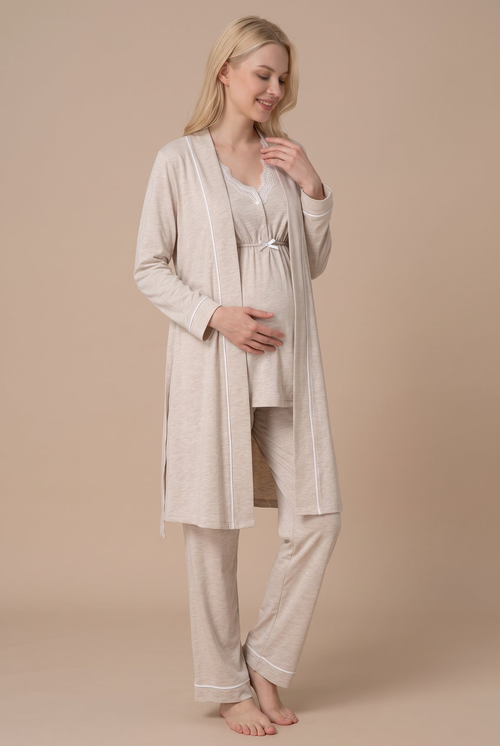 Şık Tasarım Dantel Detaylı Emzirme Kolaylıgı Saglayan Ayarlanabilir Bel Özellikli Pamuklu Lohusa Hamile Sabahlıklı Pijama Takımı 03054