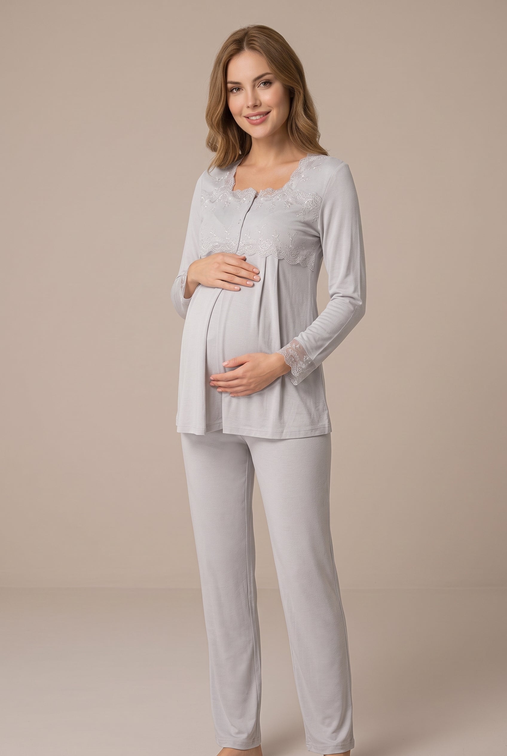 Şık Tasarım Dantel Detaylı Emzirme Kolaylıgı Saglayan Ayarlanabilir Bel Özellikli Pamuklu Pijama Takımı 02403