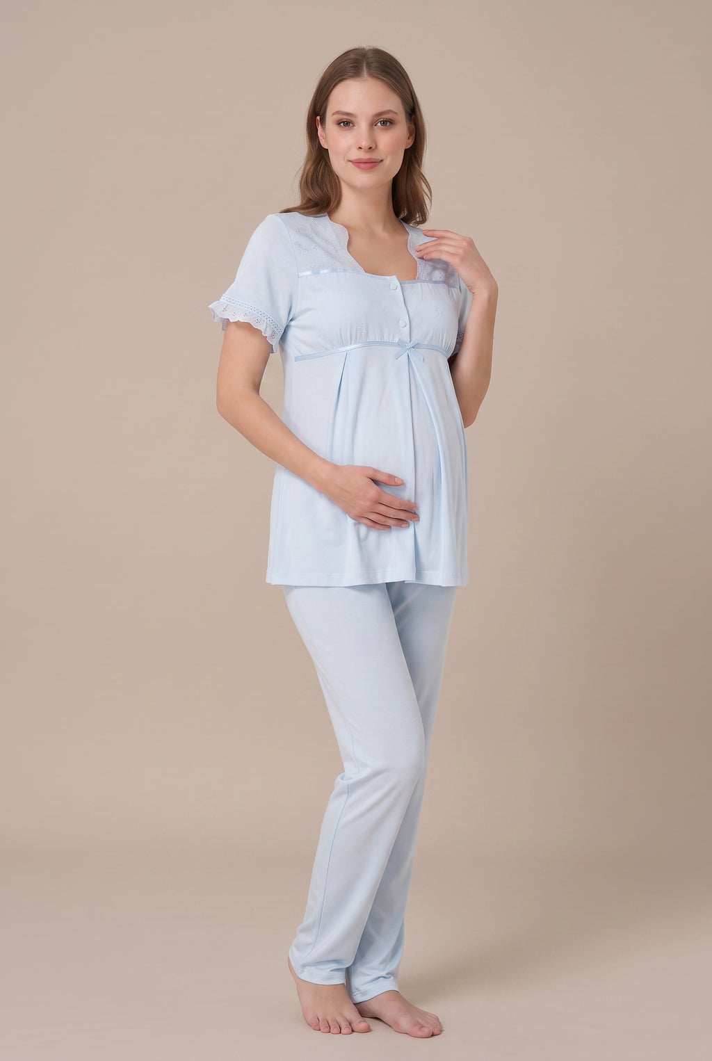 Şık Tasarım Fistolu Volan Kollu Pamuklu Emzirme Kolaylıgı Saglayan Lohusa Hamile Sabahlıklı Pijama Seti 07024