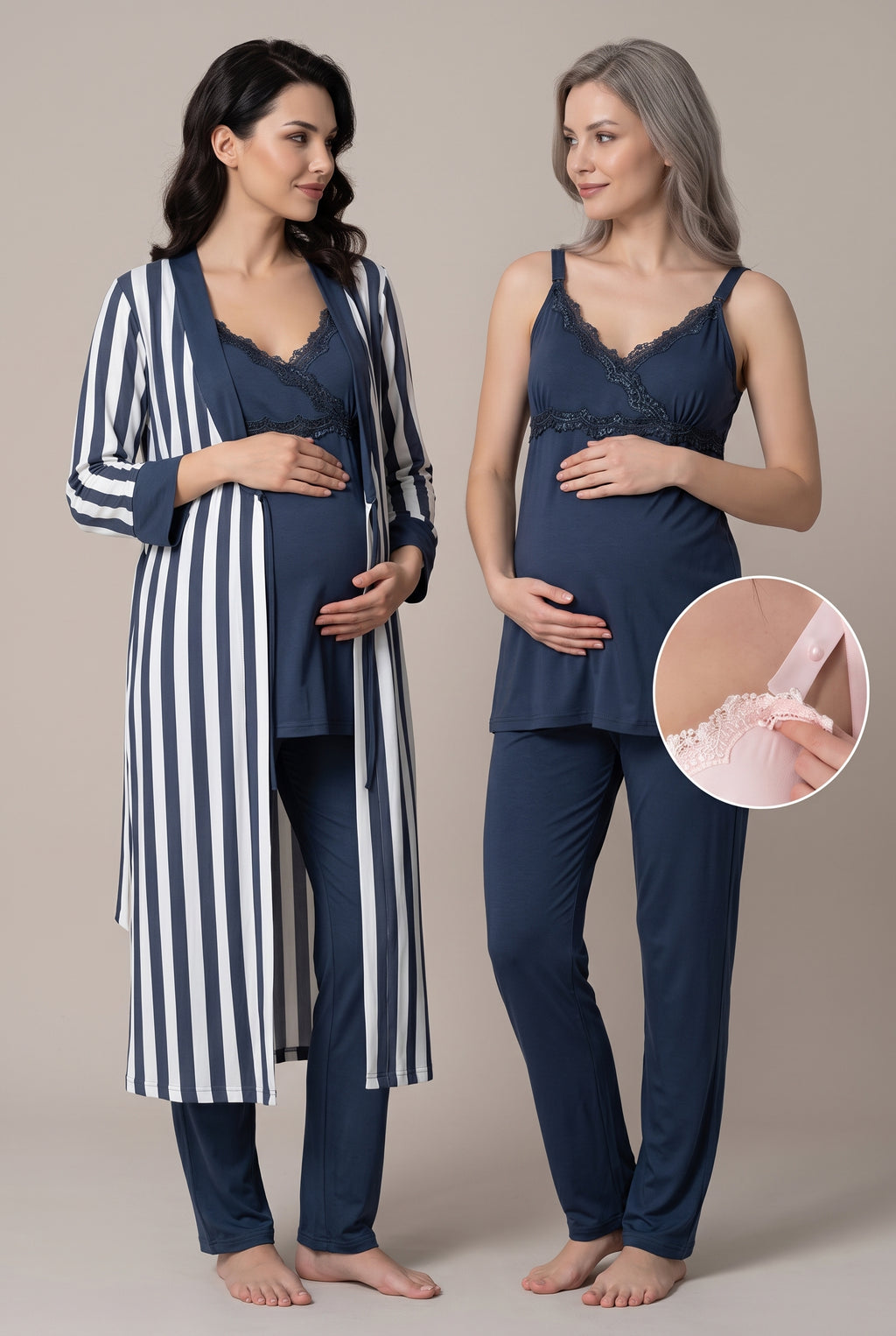 Şık Tasarım Askılı Ayarlanabilir Askı Ve Bel Özellikli Pamuklu Lohusa Hamile Sabahlıklı Pijama Takımı 09034