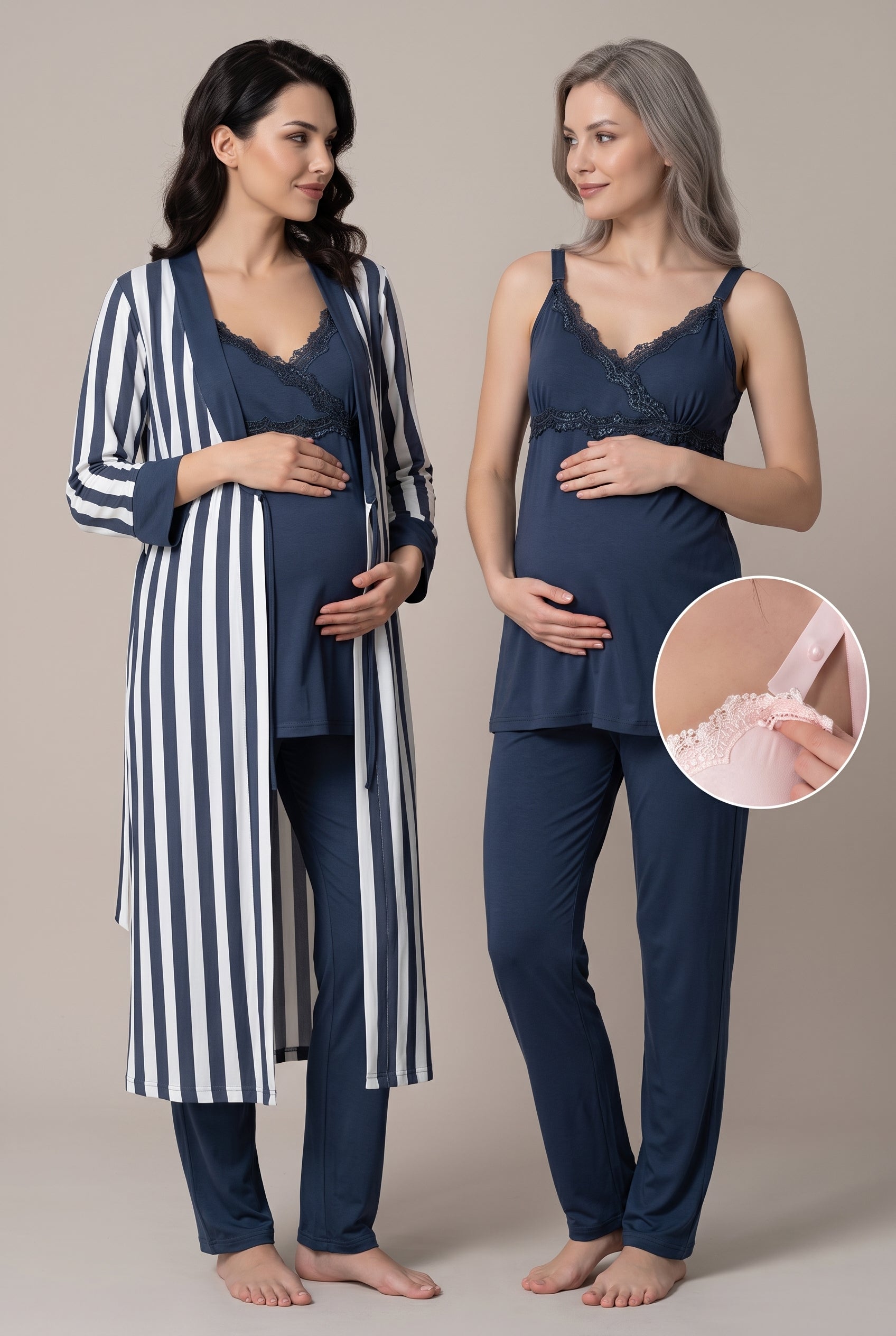 Şık Tasarım Askılı Ayarlanabilir Askı Ve Bel Özellikli Pamuklu Lohusa Hamile Sabahlıklı Pijama Takımı 09034