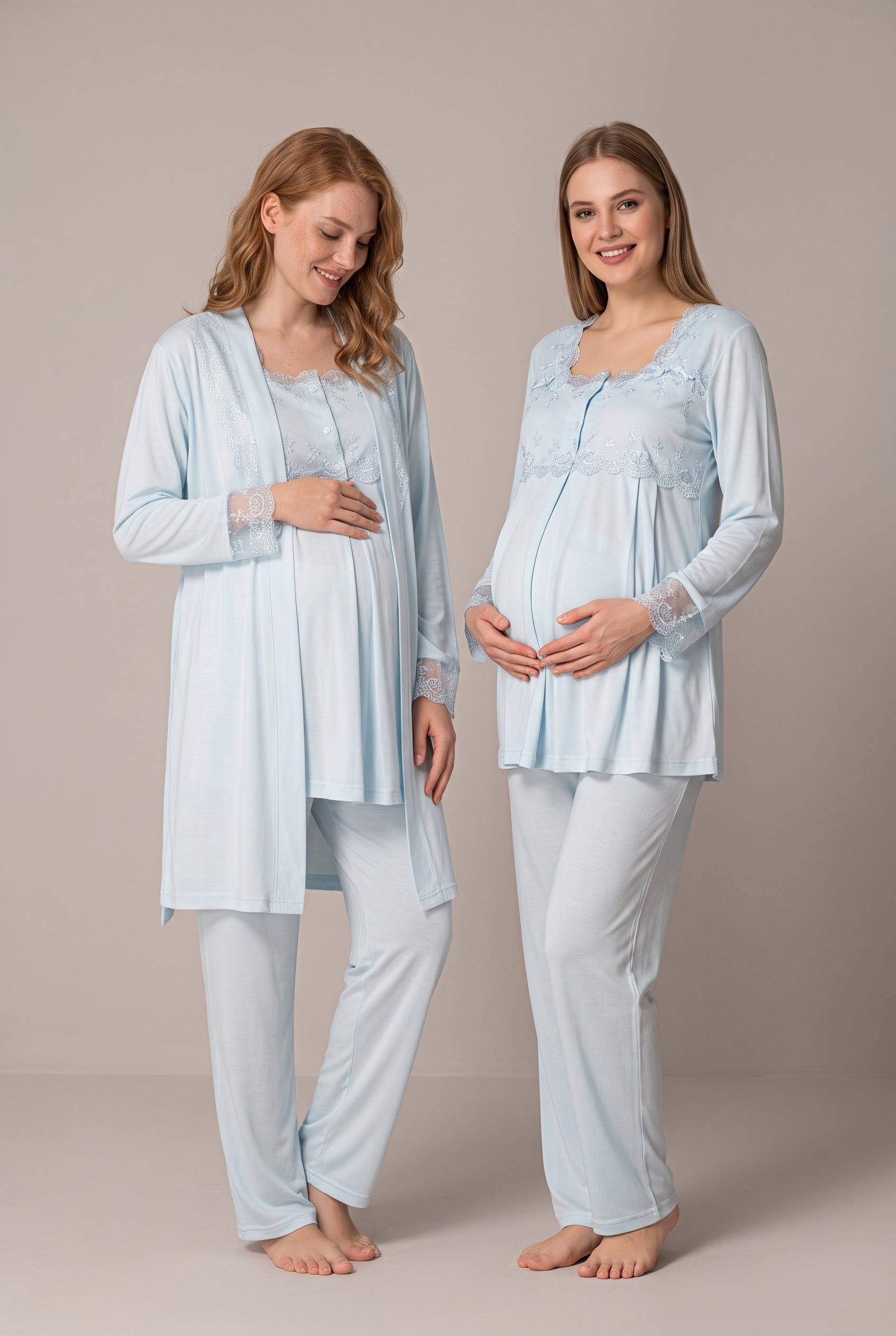 Şık Tasarım Dantel Detaylı Ayarlanabilir Bel Özellikli Pamuklu Lohusa Hamile Sabahlıklı Pijama Takımı 02401