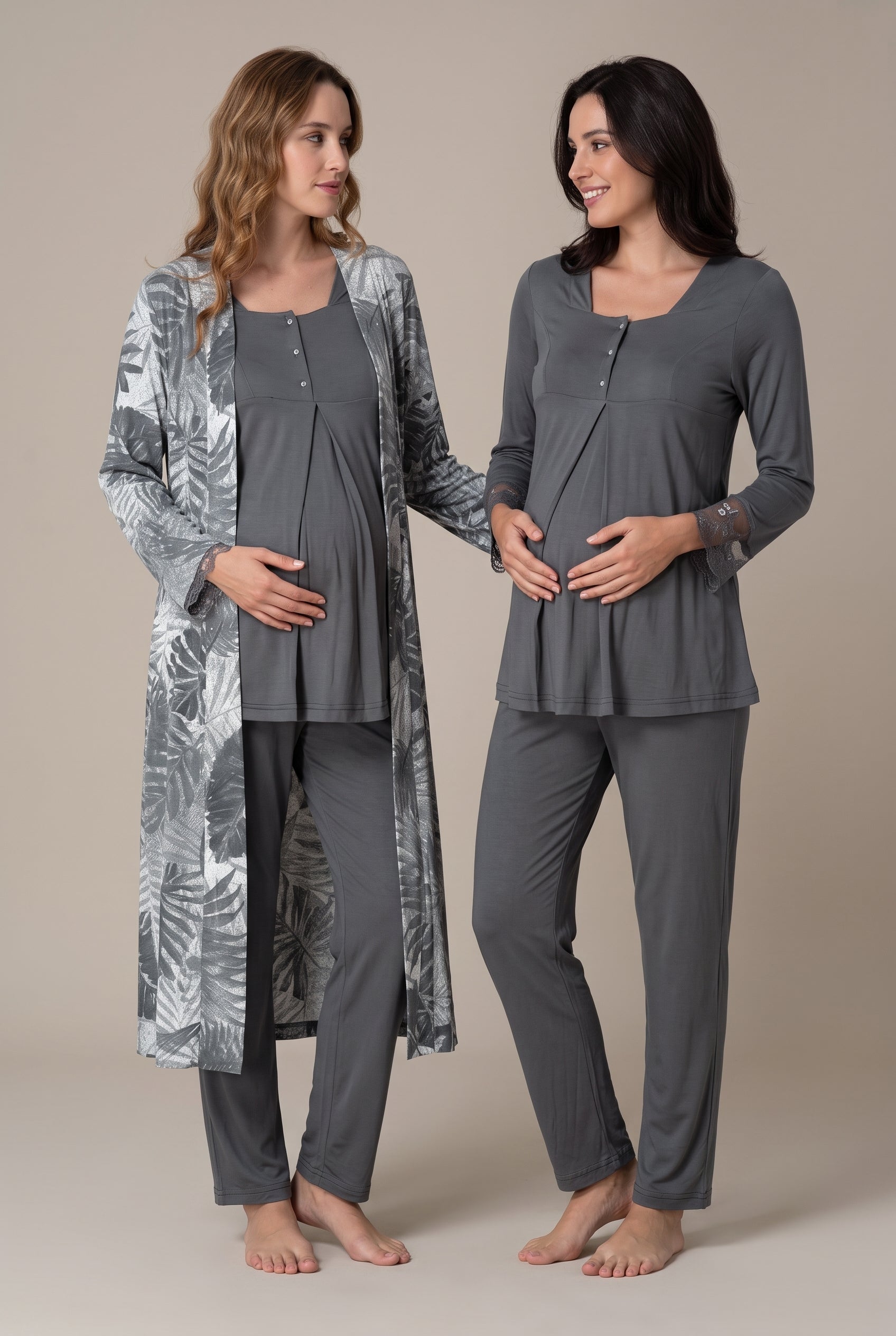 Şık Tasarım Desenli Dantel Detaylı Emzirme Kolaylıgı Saglayan Ayarlanabilir Bel Özellikli Pamuklu Lohusa Hamile Sabahlıklı Pijama Takımı 09044