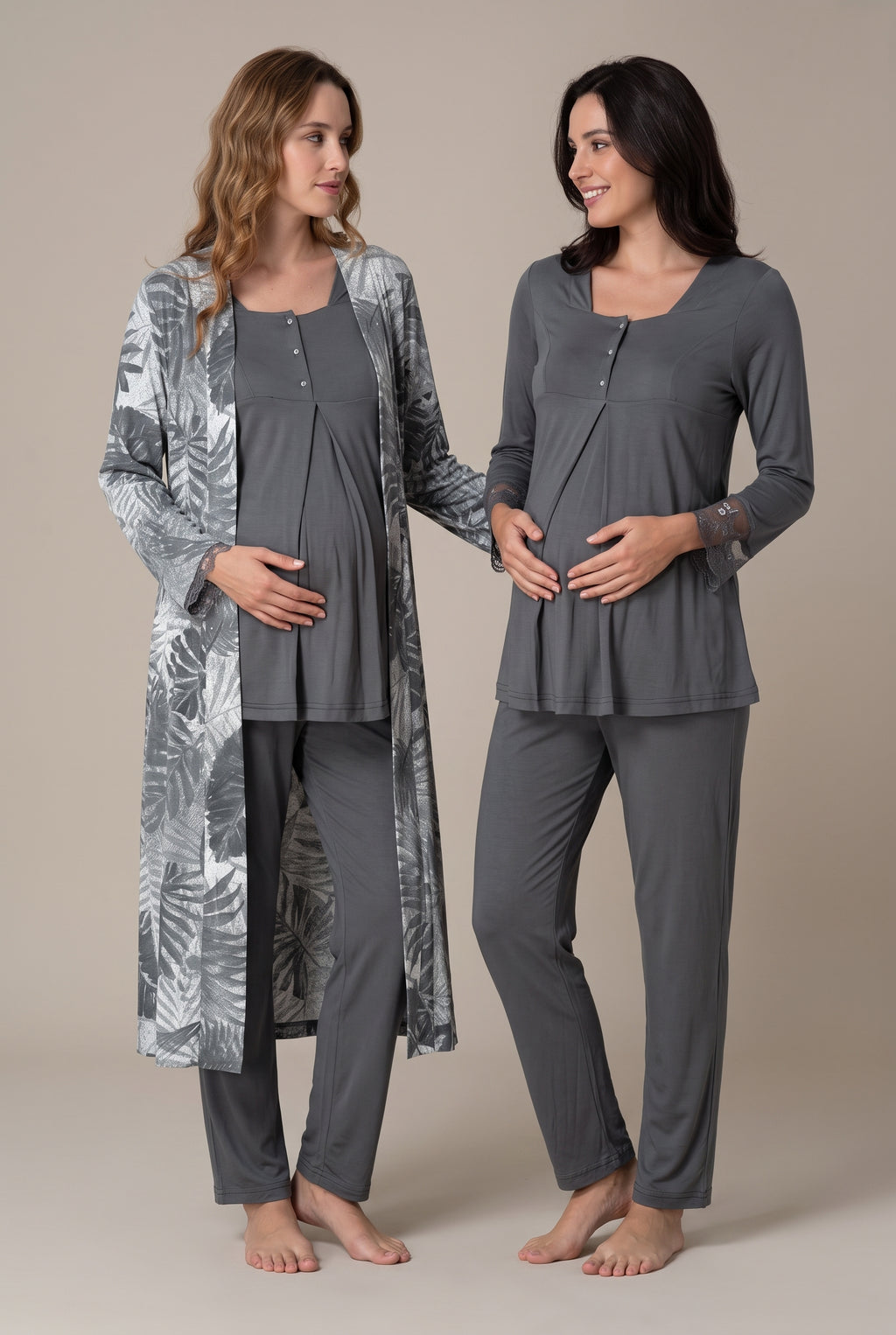 Şık Tasarım Desenli Dantel Detaylı Emzirme Kolaylıgı Saglayan Ayarlanabilir Bel Özellikli Pamuklu Lohusa Hamile Sabahlıklı Pijama Takımı 09044