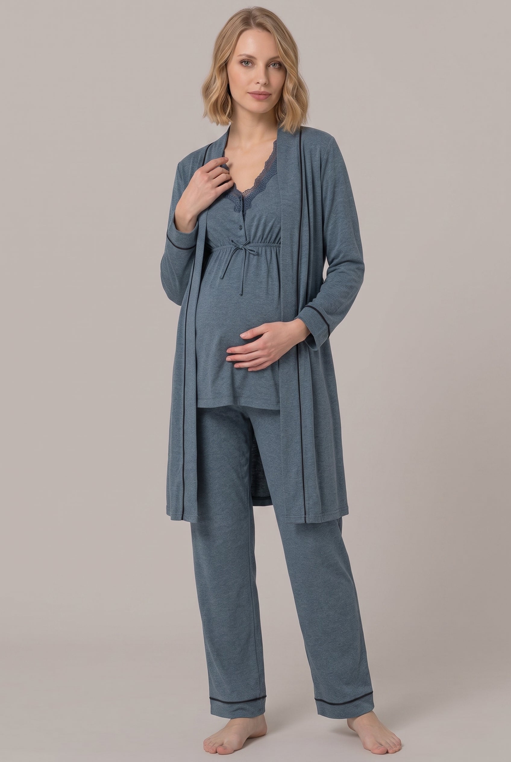 Şık Tasarım Dantel Detaylı Emzirme Kolaylıgı Saglayan Ayarlanabilir Bel Özellikli Pamuklu Lohusa Hamile Sabahlıklı Pijama Takımı 03054
