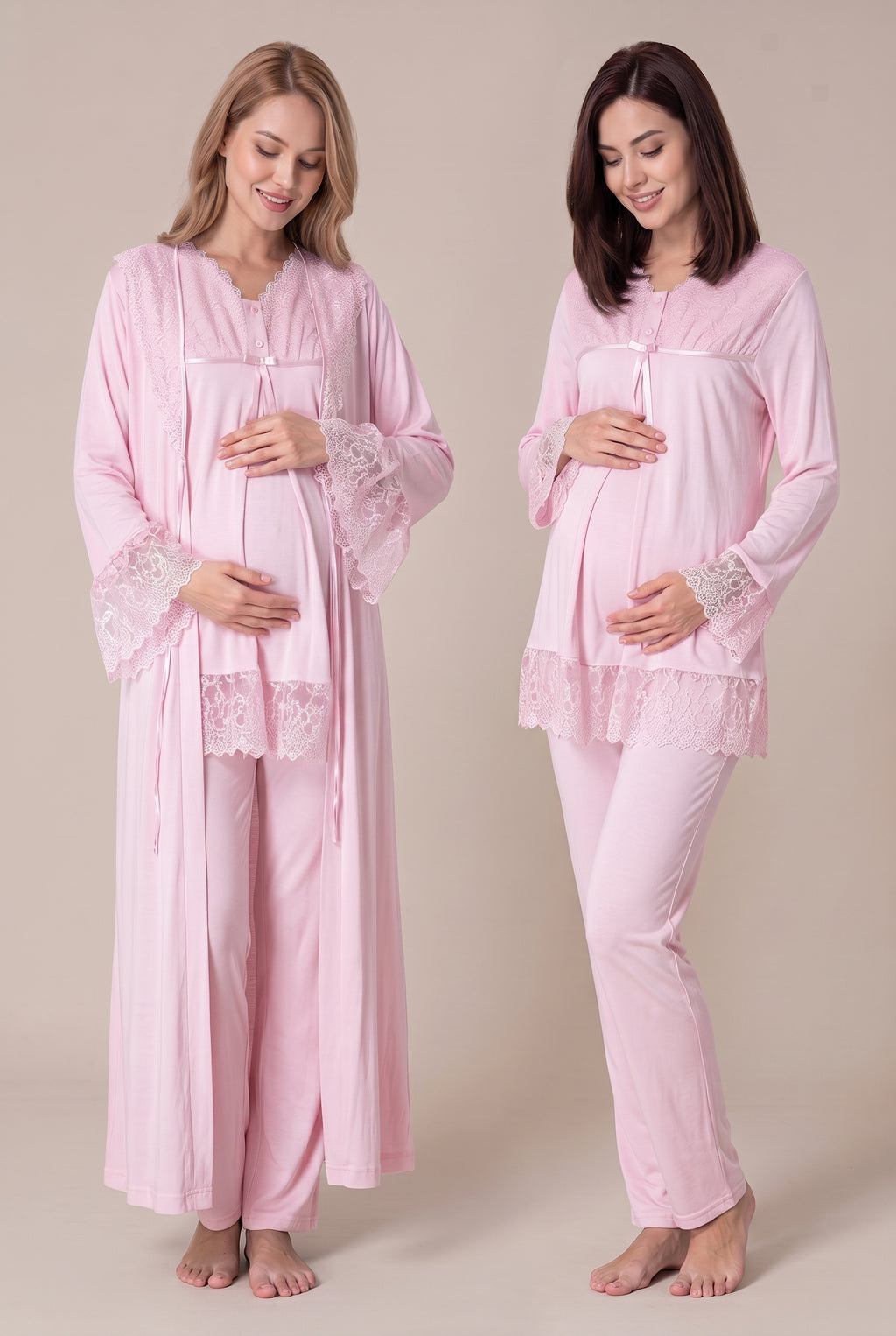 Şık Tasarım Dantel Detaylı Ayarlanabilir Bel Özellikli Pamuklu Lohusa Hamile Uzun Sabahlıklı Pijama Takımı 07044