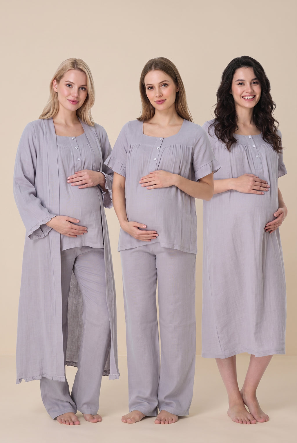 Şık Tasarım Müslin Kumaş Emzirme Kolaylıgı Saglayan Ayarlanabilir Bel Özellikli Pamuklu Lohusa Hamile Sabahlıklı Gecelik Pijama Seti 03086