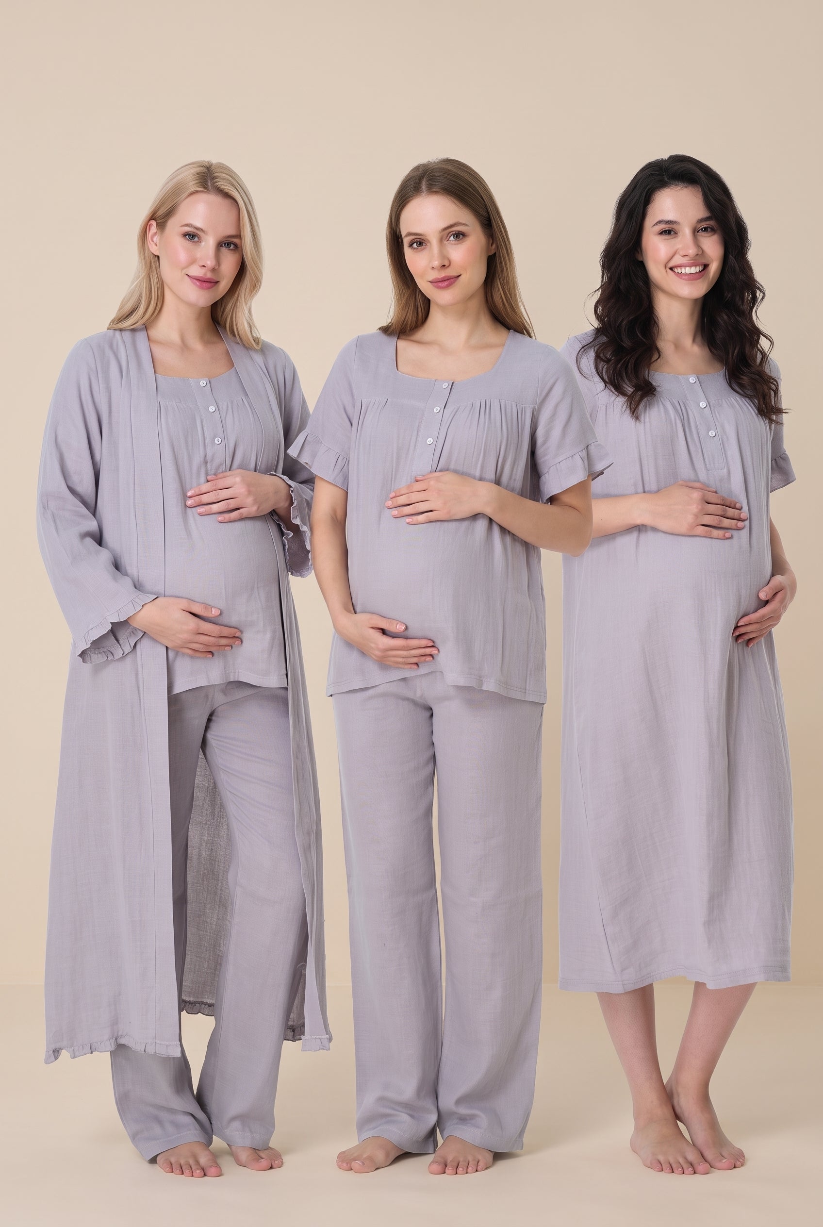 Şık Tasarım Müslin Kumaş Emzirme Kolaylıgı Saglayan Ayarlanabilir Bel Özellikli Pamuklu Lohusa Hamile Sabahlıklı Gecelik Pijama Seti 03086