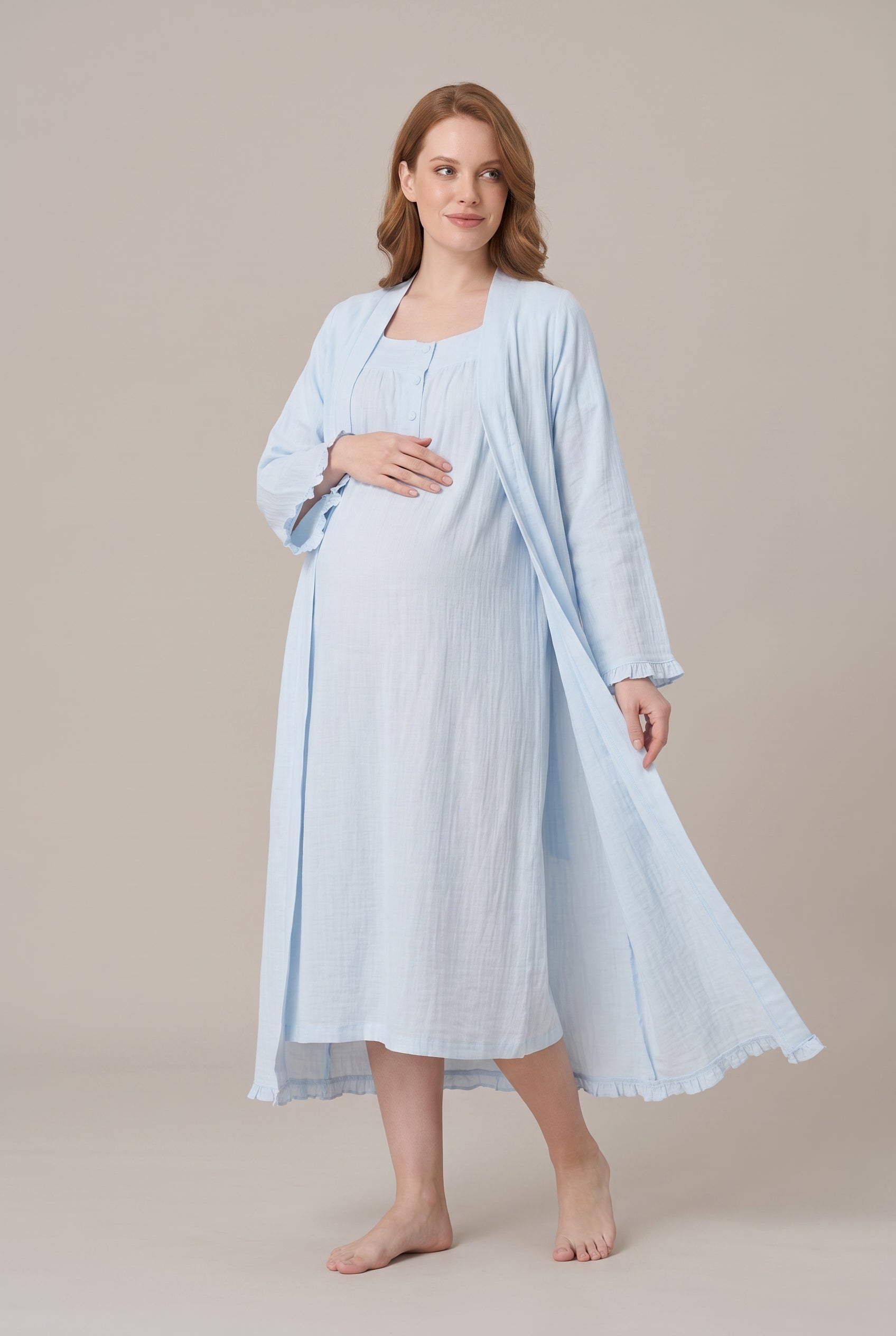Şık Tasarım Müslin Kumaş Emzirme Kolaylıgı Saglayan Pamuk Lohusa Hamile Sabahlıklı Geceli Seti 03085