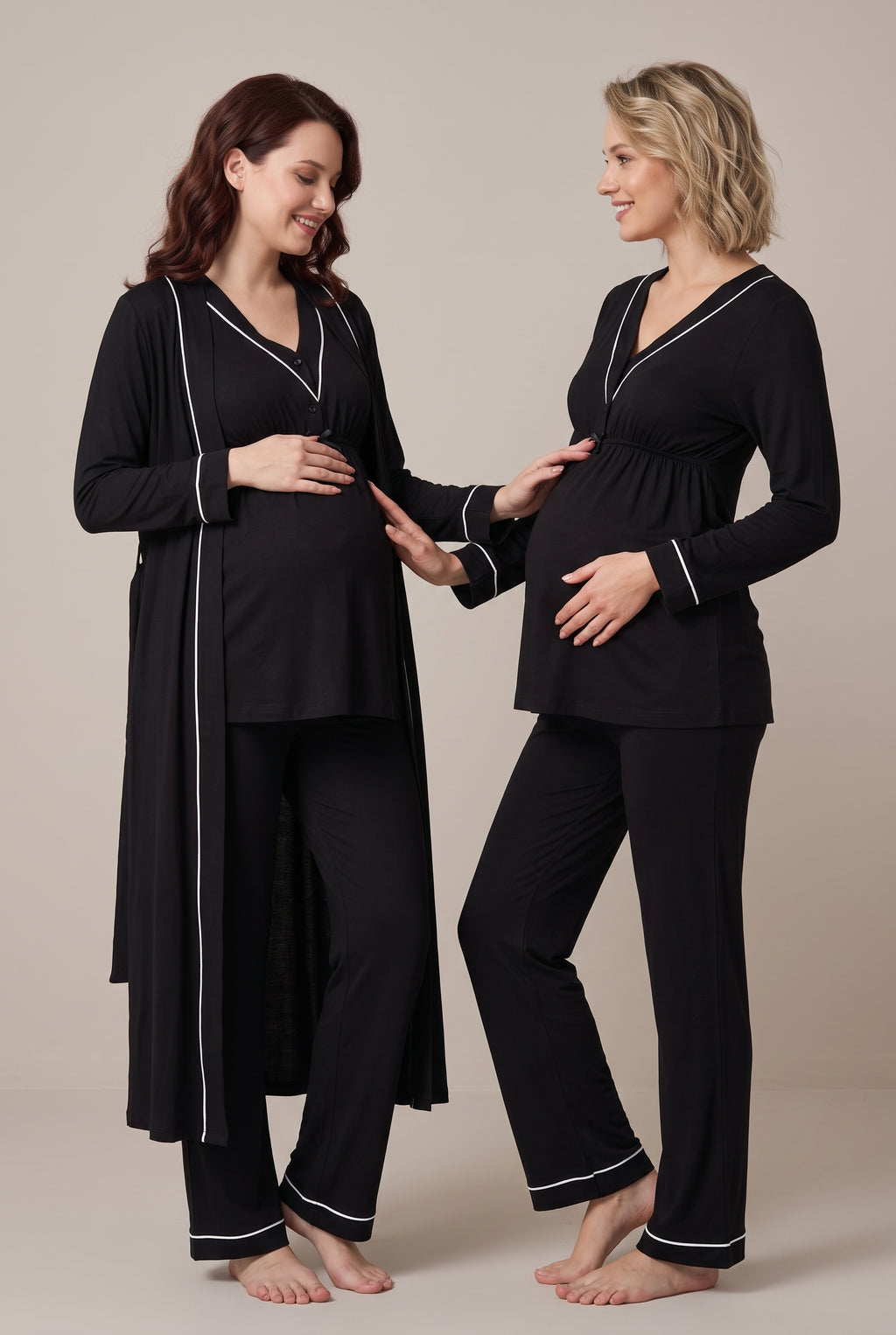 Şık Tasarım Uzun Sabahlıklı Emzirme Kolaylıgı Saglayan Ayarlanabilir Bel Özellikli Pamuklu Sabahlıklı Pijama Takımı 04054