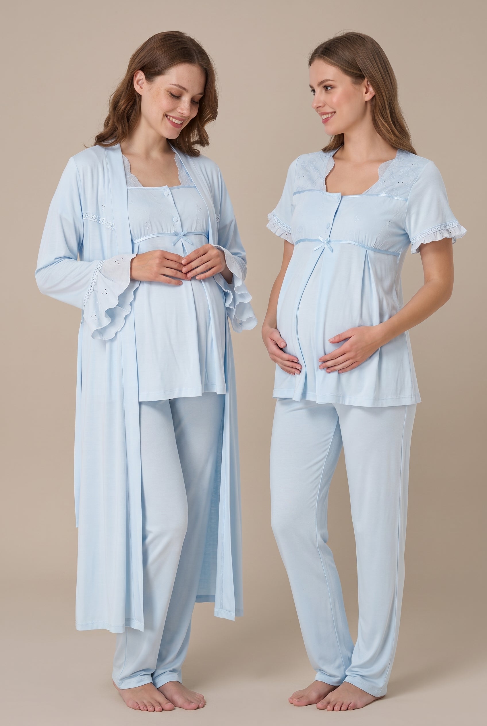 Şık Tasarım Fistolu Volan Kollu Pamuklu Emzirme Kolaylıgı Saglayan Lohusa Hamile Sabahlıklı Pijama Seti 07024