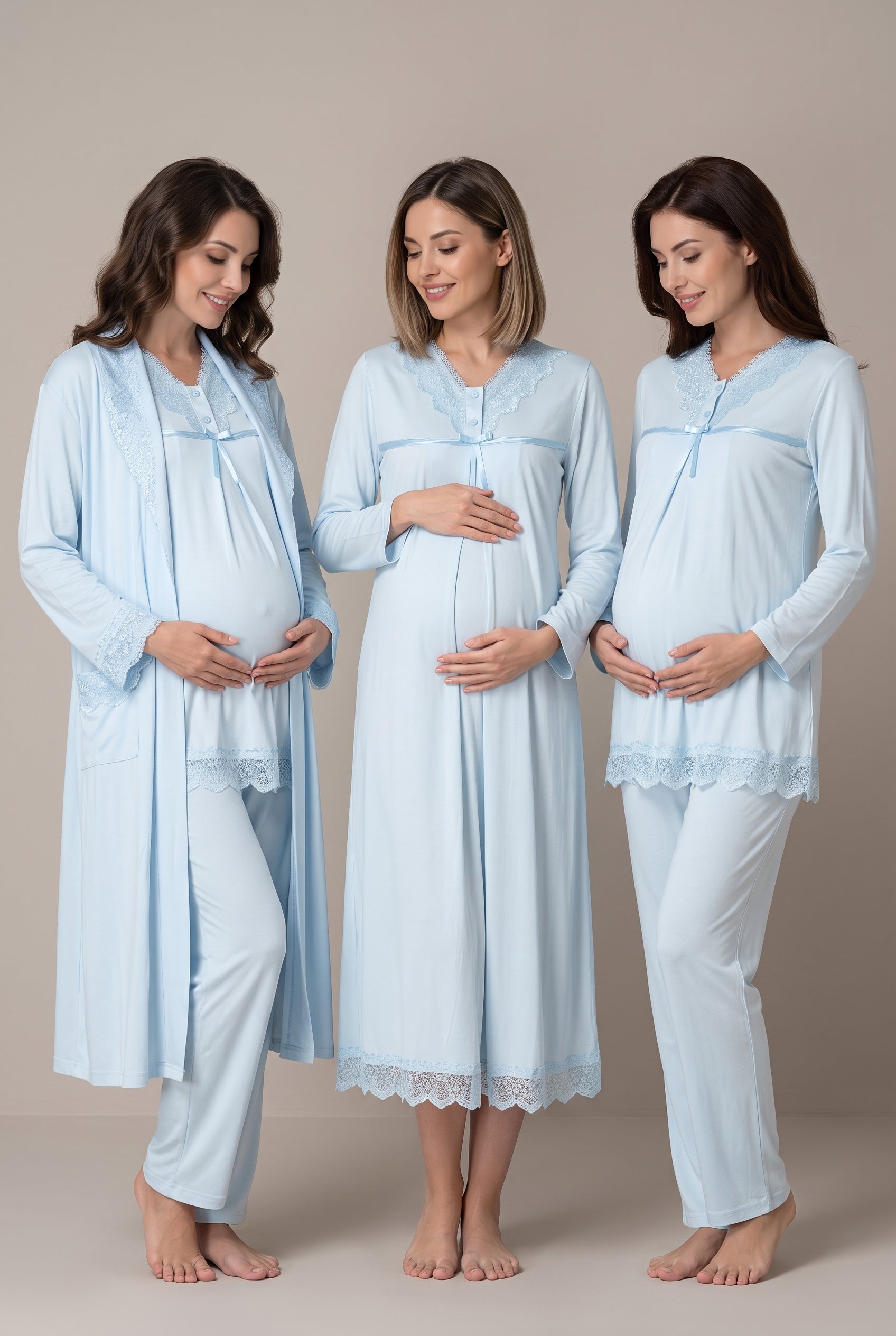 Şık Tasarım Dantel Detaylı Emzirme Kolaylıgı Saglayan Ayarlanabilir Bel Özellikli Pamuklu Lohusa Hamile Sabahlıklı Gecelik Pijama Seti 04036