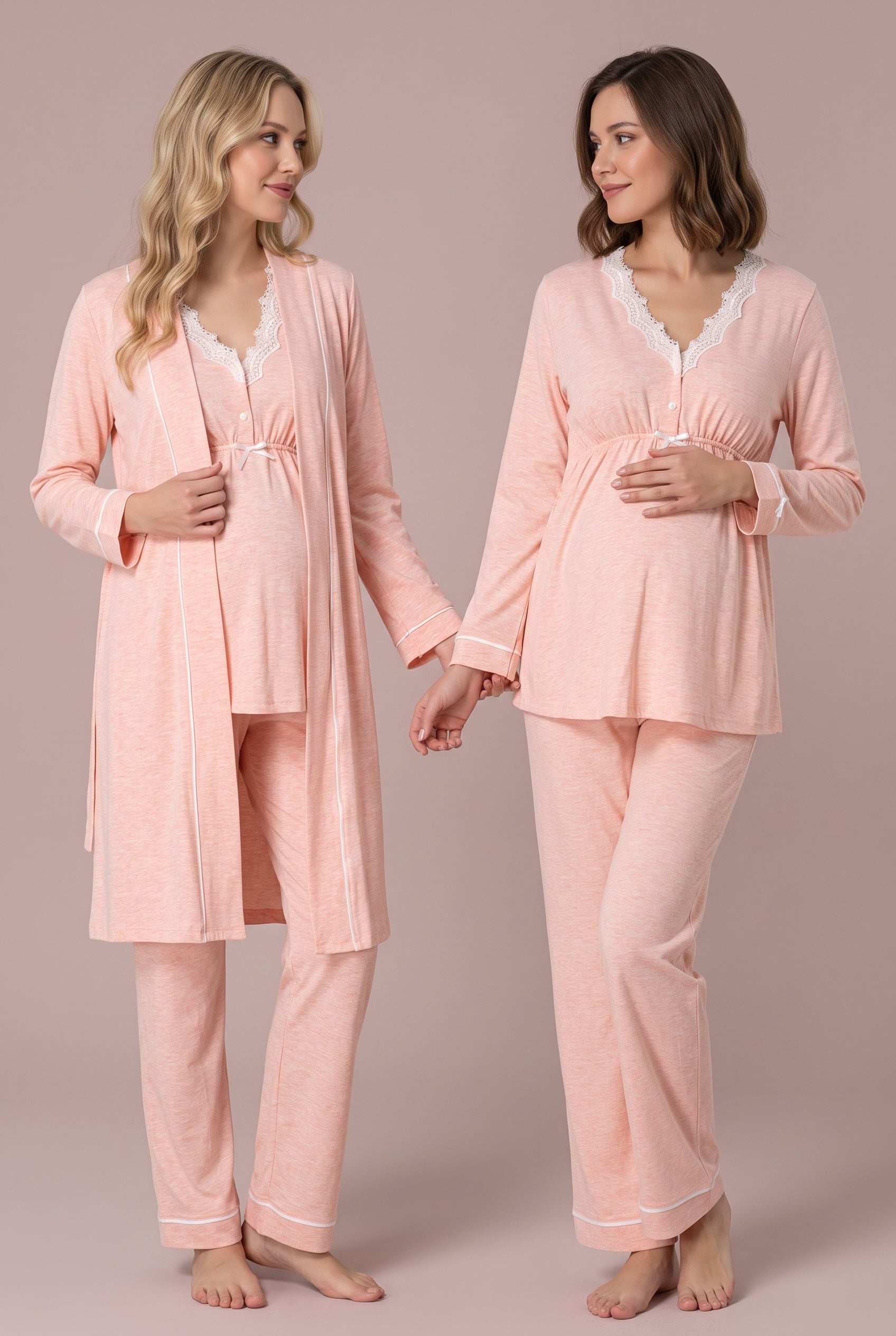 Şık Tasarım Dantel Detaylı Emzirme Kolaylıgı Saglayan Ayarlanabilir Bel Özellikli Pamuklu Lohusa Hamile Sabahlıklı Pijama Takımı 03054