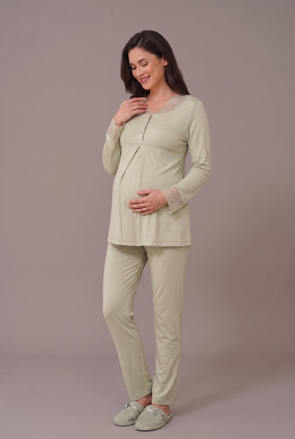 Şık Tasarım Dantel Detaylı Ayarlanabilir Bel Özellikli Pamuklu Emzirme Kolaylıgı Saglayan Lohusa Hamile Sabahlıklı Pijama Takımı 06330