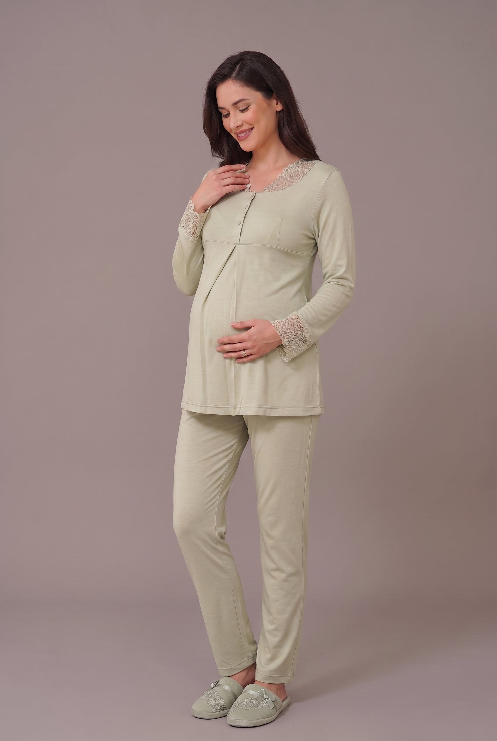Şık Tasarım Dantel Detaylı Ayarlanabilir Bel Özellikli Pamuklu Emzirme Kolaylıgı Saglayan Lohusa Hamile Sabahlıklı Pijama Takımı 06330