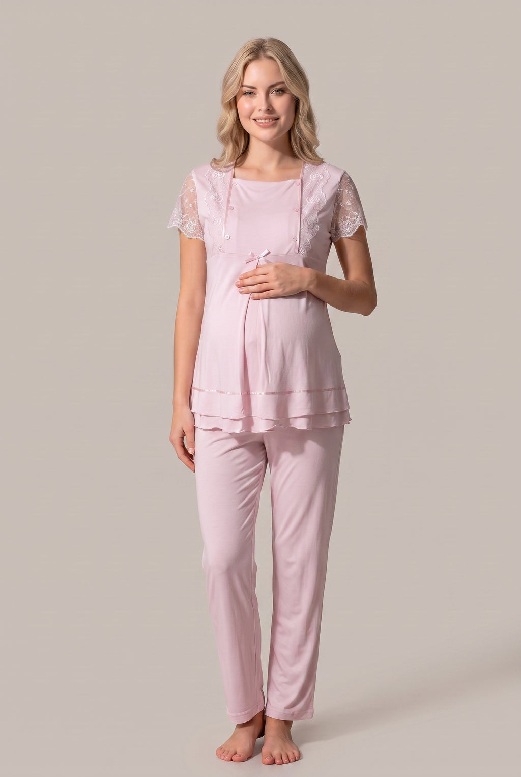 Şık Tasarım Dantelli Ayarlanabilir Bel Özellikli Pamuklu Lohusa Hamile Sabahlıklı Pijama Takımı 02054