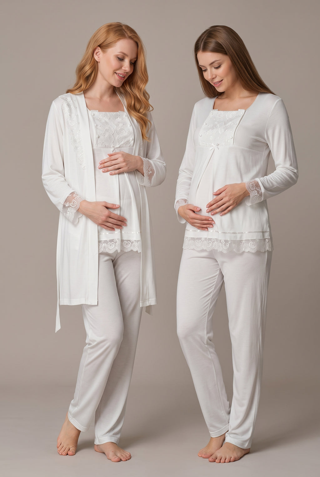 Şık Tasarım Dantel Detaylı Emzirme Kolaylıgı Saglayan Ayarlanabilir Bel Özellikli Pamuklu Lohusa Hamile Sabahlıklı Pijama Takımı 03044
