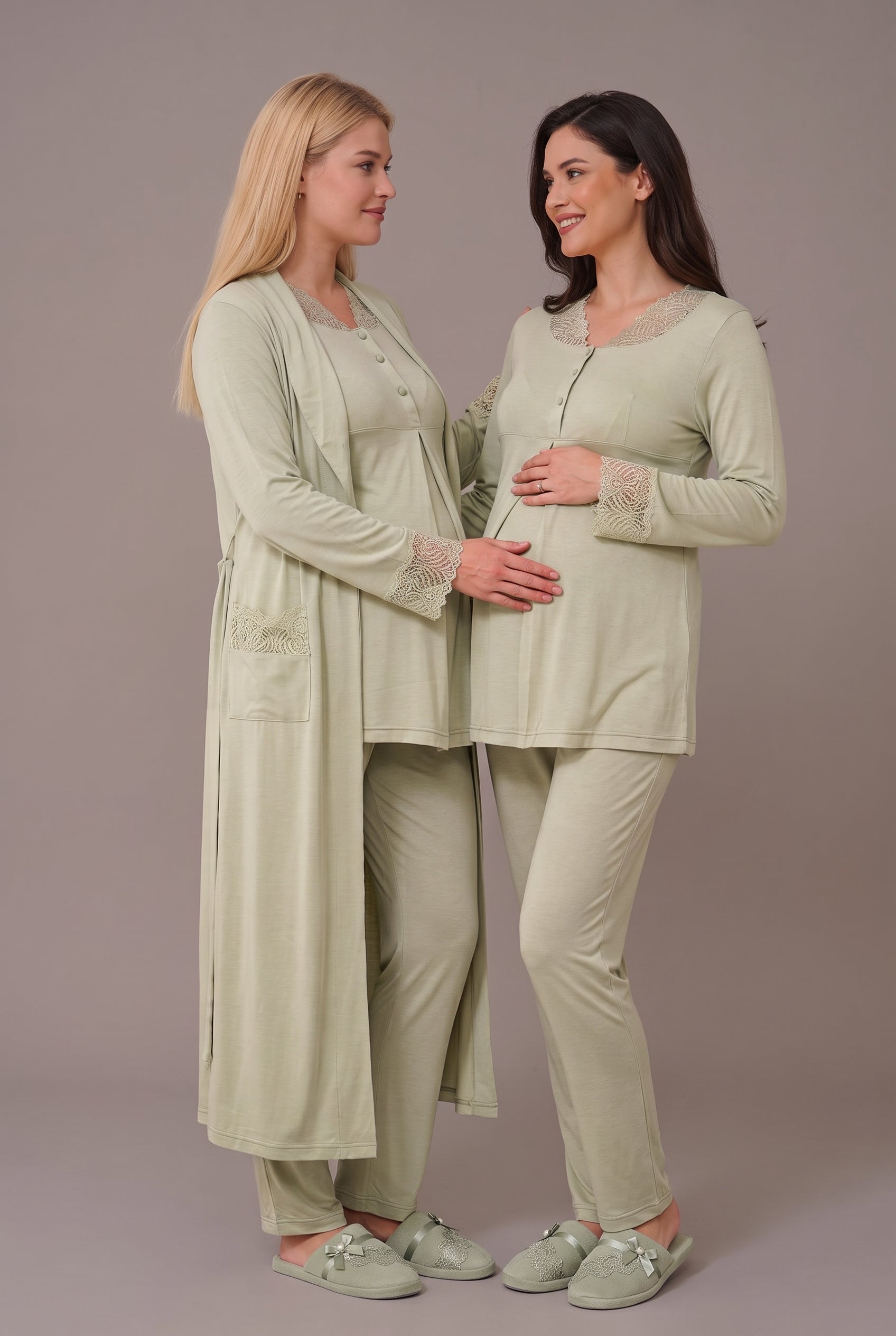 Şık Tasarım Dantel Detaylı Ayarlanabilir Bel Özellikli Pamuklu Emzirme Kolaylıgı Saglayan Lohusa Hamile Sabahlıklı Pijama Takımı 06330