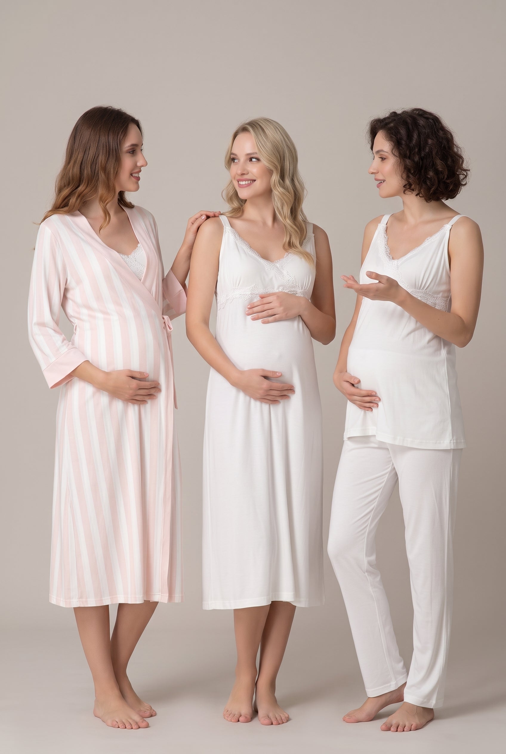 Şık Tasarım Ayarlanabilir Askılı Dantel Detaylı Pamuklu Lohusa Hamile Sabahlık Gecelik Pijama Set 09036