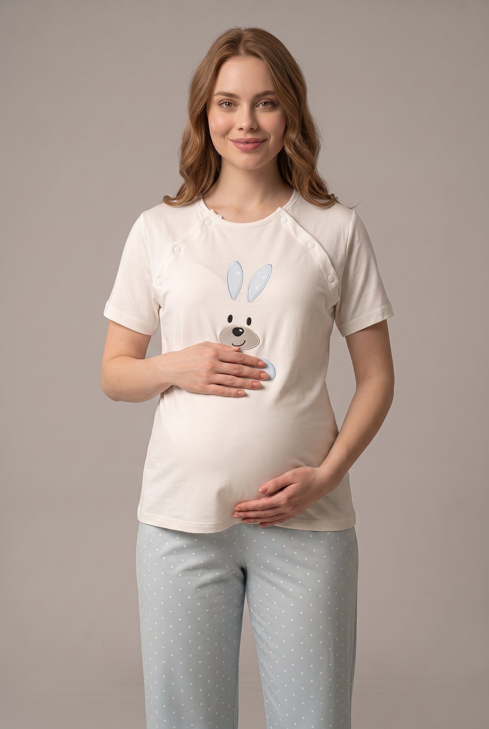 Şık Tasarım Tavşan Desenli Ayarlanabilir Bel Özellikli Pamuklu Lohusa Hamile Sabahlıklı Pijama Seti 02070