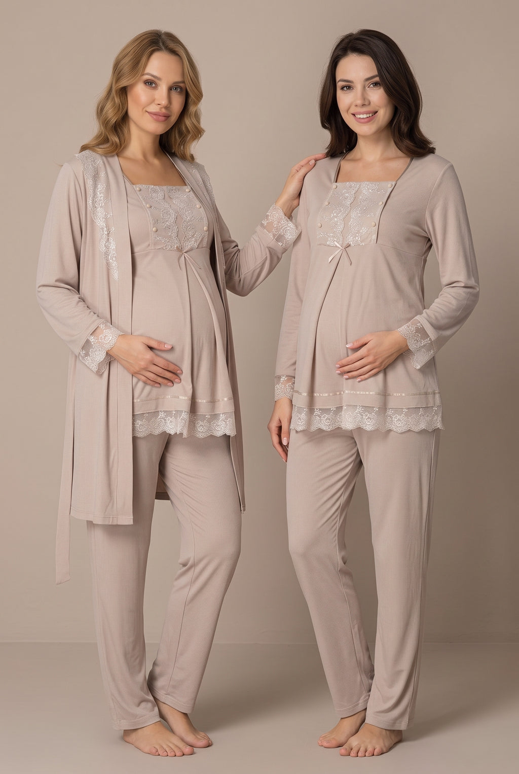 Şık Tasarım Dantel Detaylı Emzirme Kolaylıgı Saglayan Ayarlanabilir Bel Özellikli Pamuklu Lohusa Hamile Sabahlıklı Pijama Takımı 03044