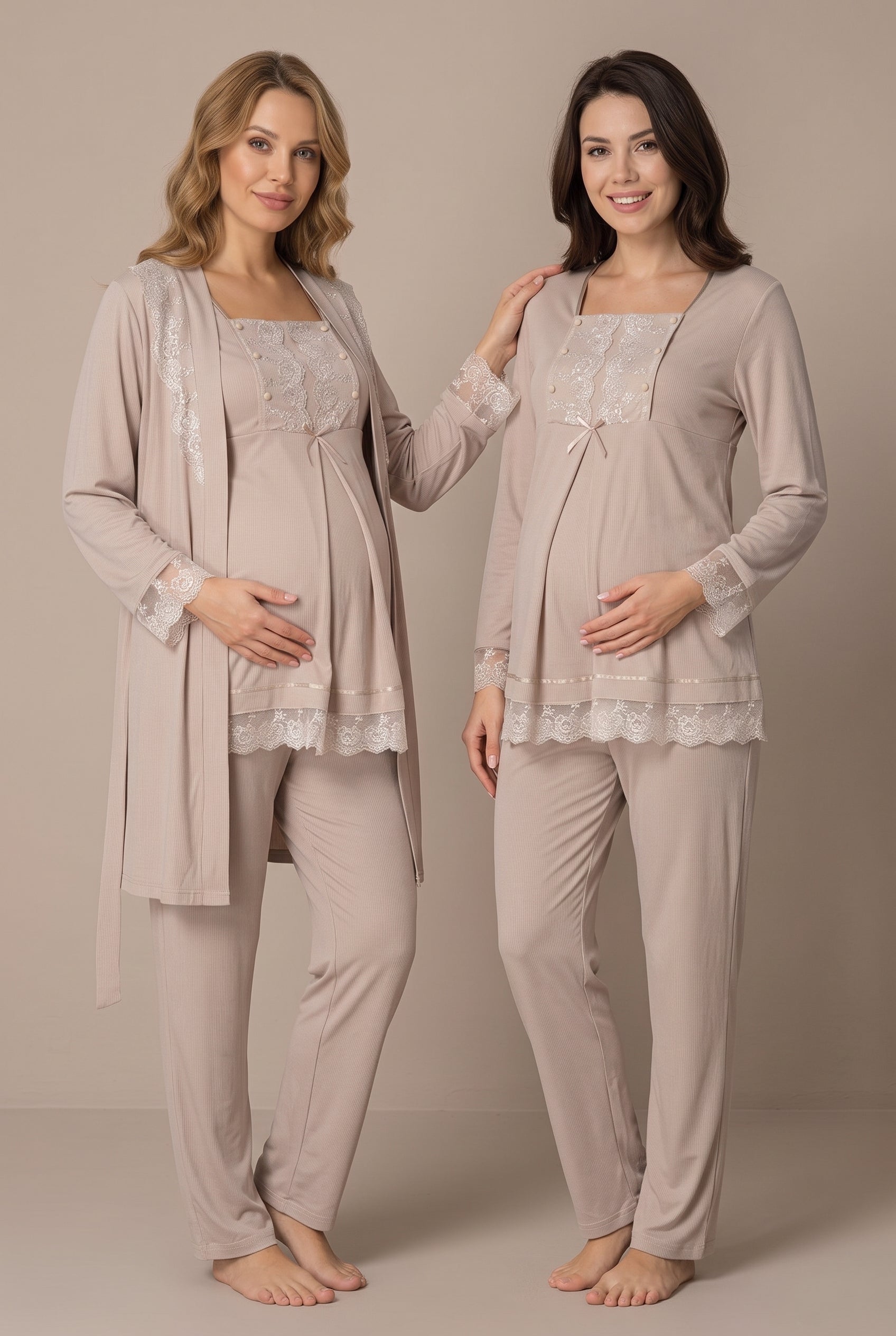 Şık Tasarım Dantel Detaylı Emzirme Kolaylıgı Saglayan Ayarlanabilir Bel Özellikli Pamuklu Lohusa Hamile Sabahlıklı Pijama Takımı 03044