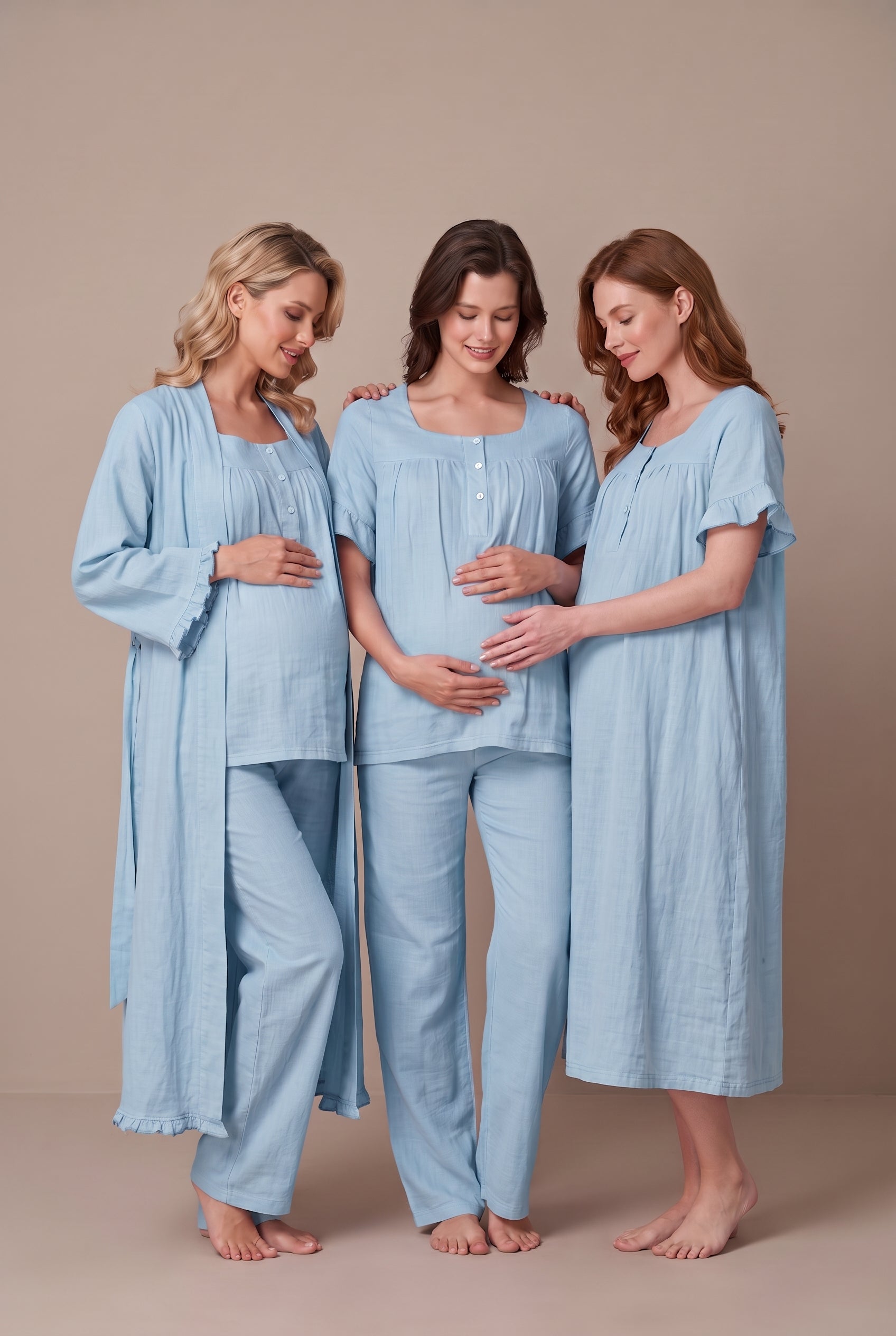Şık Tasarım Müslin Kumaş Emzirme Kolaylıgı Saglayan Ayarlanabilir Bel Özellikli Pamuklu Lohusa Hamile Sabahlıklı Gecelik Pijama Seti 03086
