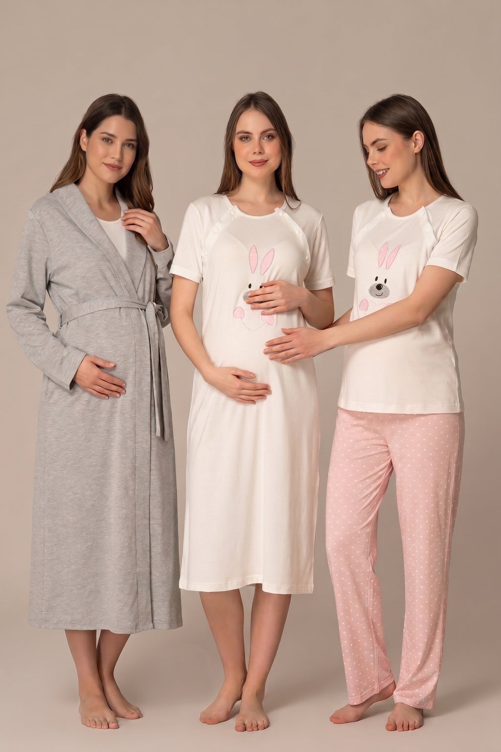 Şık Tasarım Tavşan Desenli Pamuklu Lohusa Hamile Sabahlık Gecelik Pijama 4'Lü Set 02076