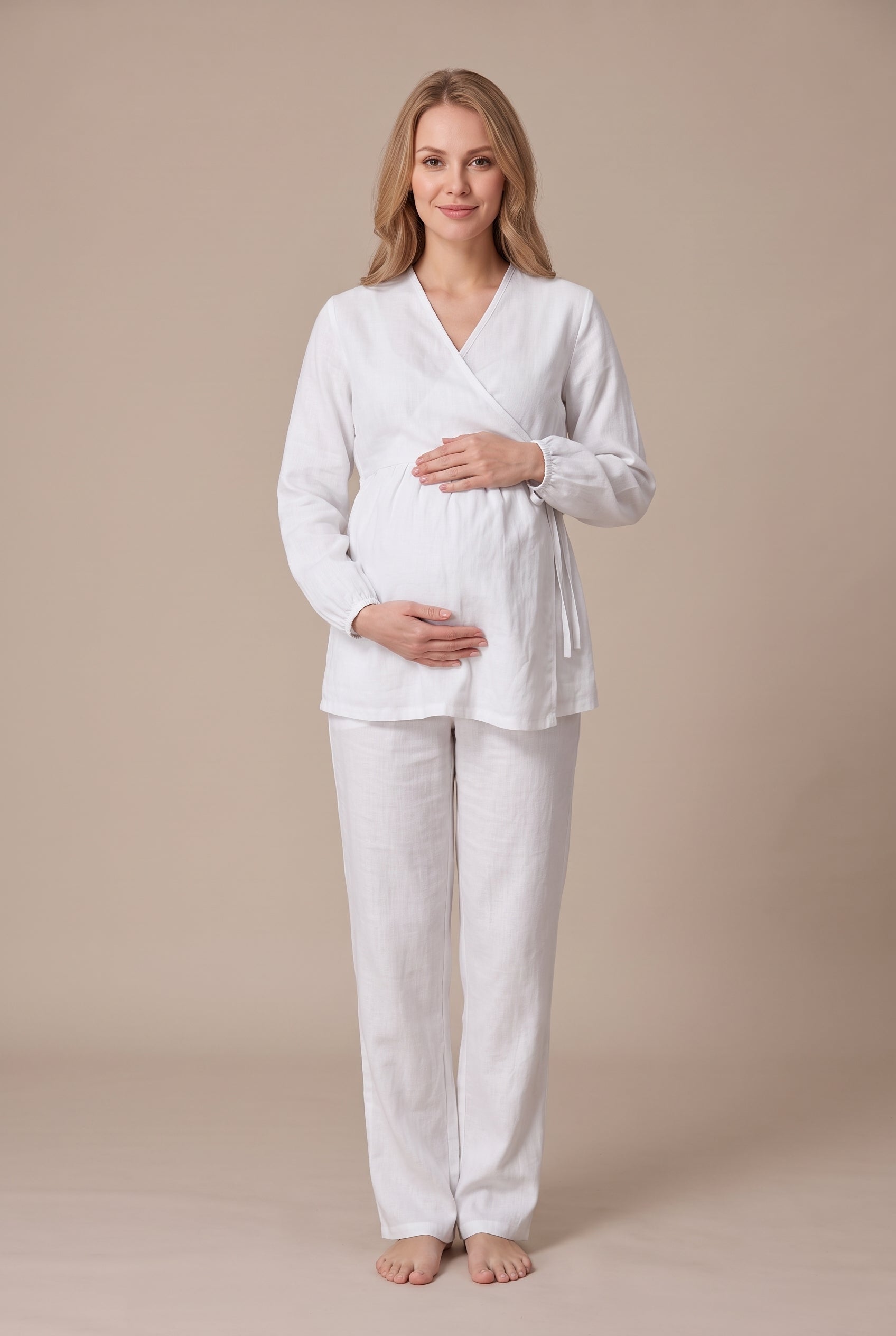 Şık Tasarım Müslin Kumaş Kruvaze Yaka Ayarlanabilir Bel Özellikli Pamuk Lohusa Hamile Sabahlıklı Pijama Takımı 3088