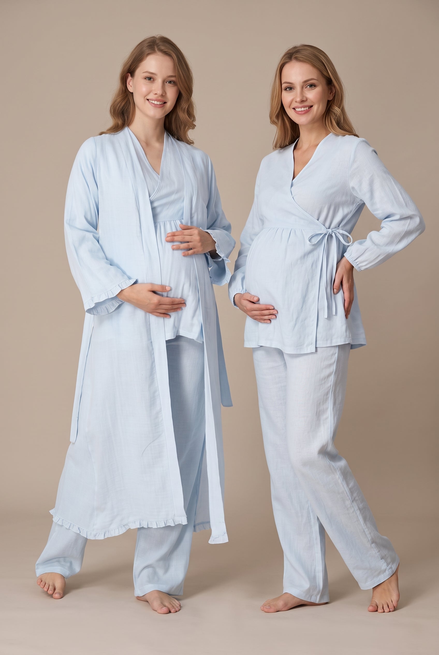 Şık Tasarım Müslin Kumaş Kruvaze Yaka Ayarlanabilir Bel Özellikli Pamuk Lohusa Hamile Sabahlıklı Pijama Takımı 3088