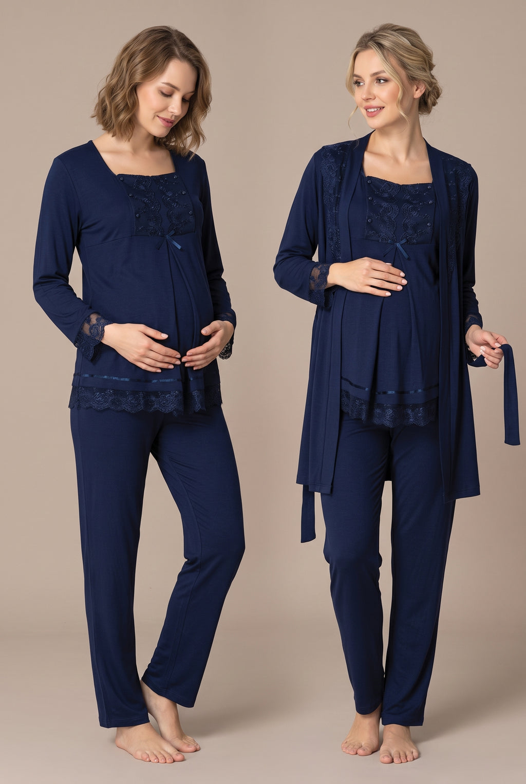 Şık Tasarım Dantel Detaylı Emzirme Kolaylıgı Saglayan Ayarlanabilir Bel Özellikli Pamuklu Lohusa Hamile Sabahlıklı Pijama Takımı 03044