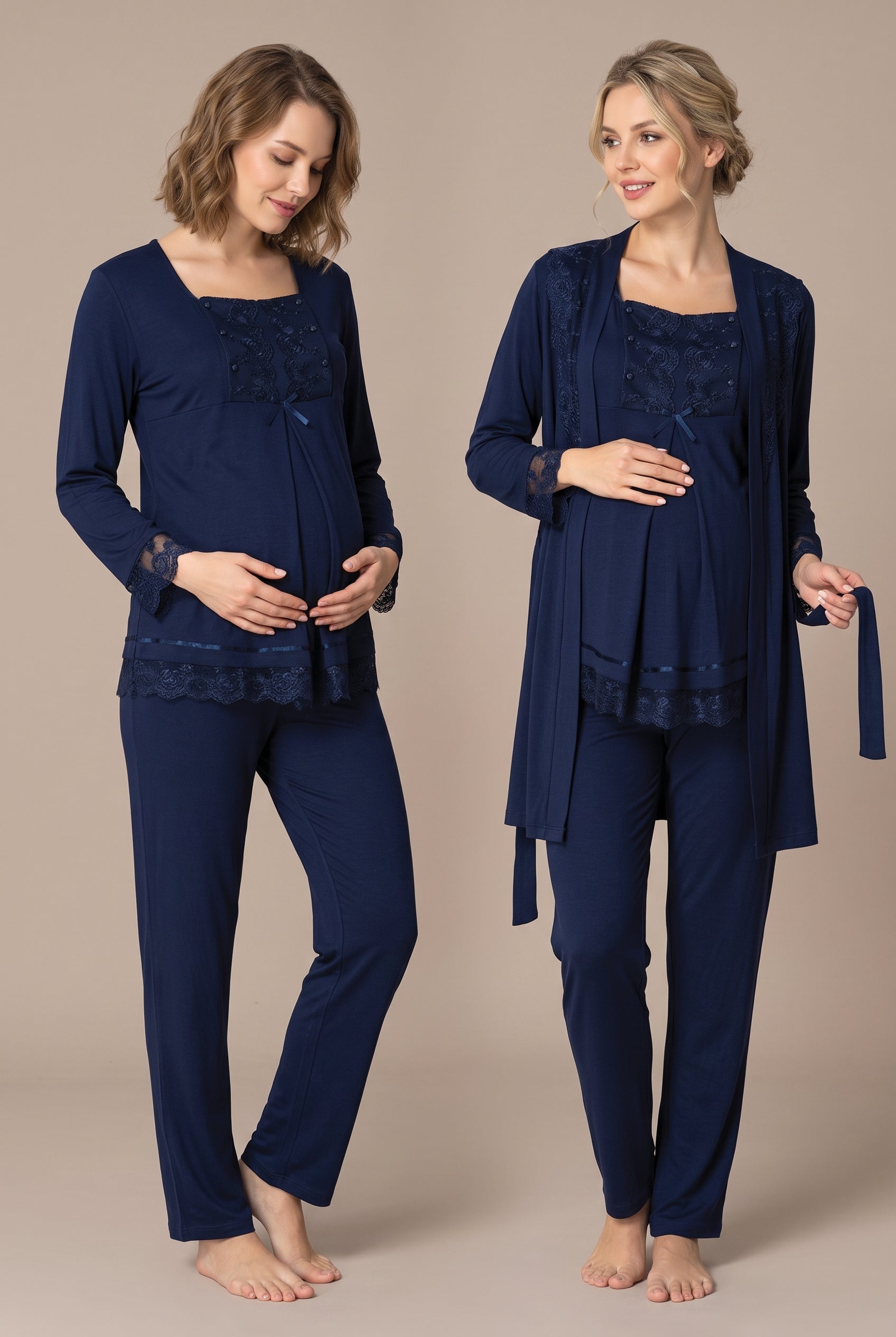 Şık Tasarım Dantel Detaylı Emzirme Kolaylıgı Saglayan Ayarlanabilir Bel Özellikli Pamuklu Lohusa Hamile Sabahlıklı Pijama Takımı 03044