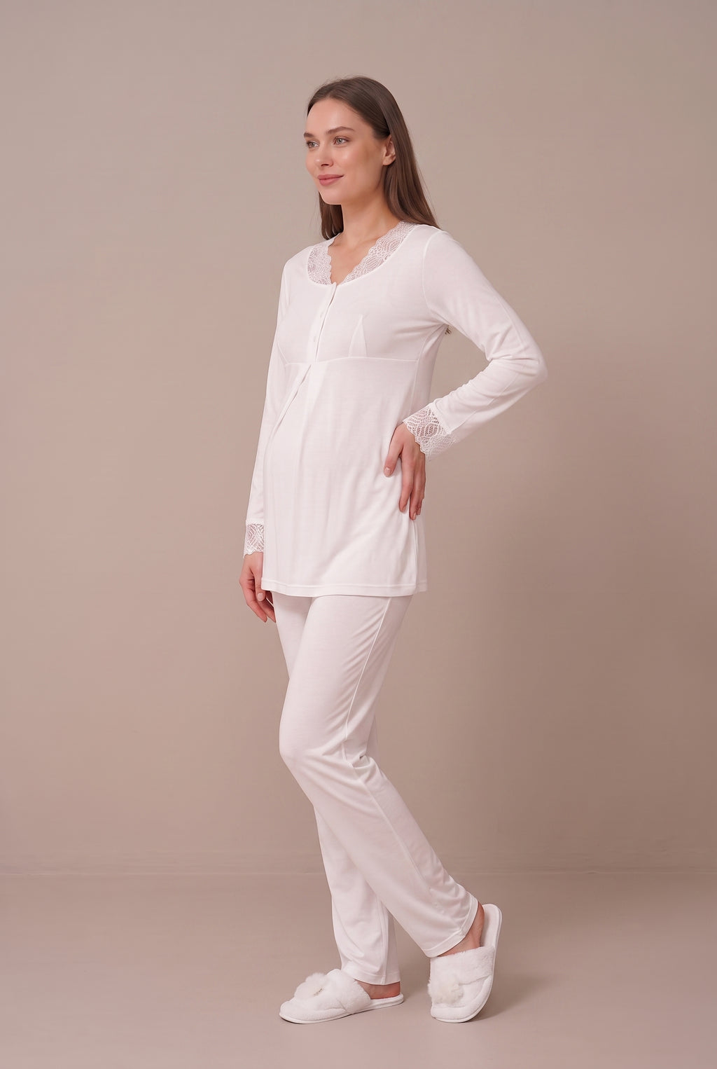Şık Tasarım Dantel Detaylı Ayarlanabilir Bel Özellikli Pamuklu Emzirme Kolaylıgı Saglayan Lohusa Hamile Sabahlıklı Pijama Takımı 06330