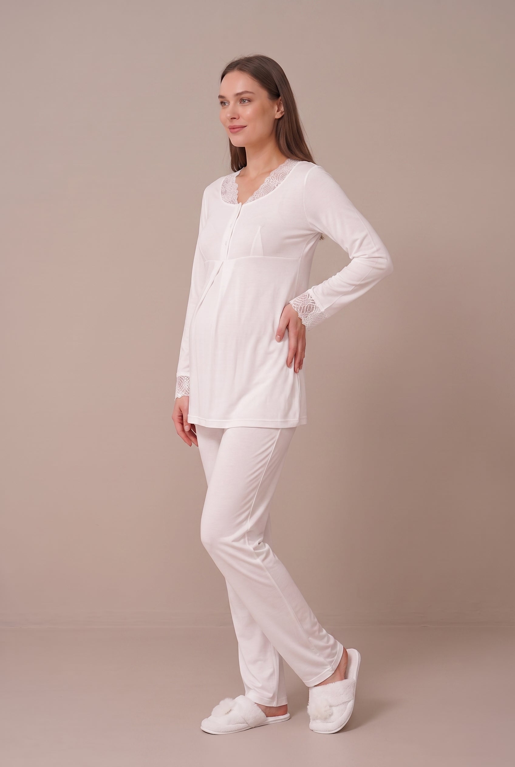Şık Tasarım Dantel Detaylı Ayarlanabilir Bel Özellikli Pamuklu Emzirme Kolaylıgı Saglayan Lohusa Hamile Sabahlıklı Pijama Takımı 06330