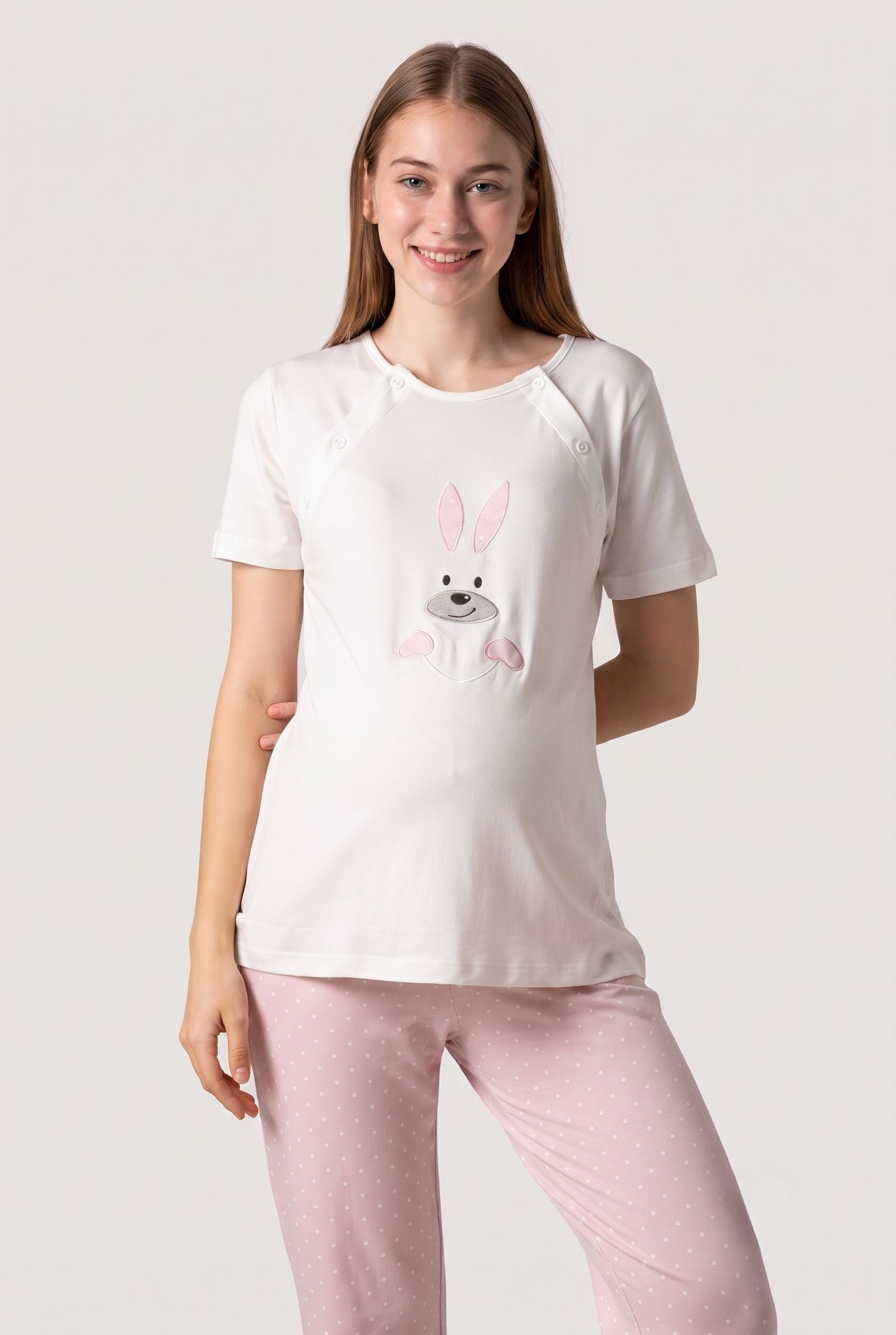 Tavşan Desenli Ayarlabilir Bel Özellikli Emzirme Kolaylıgı Saglayan Lohusa Hamile Pijama Takımı 02074