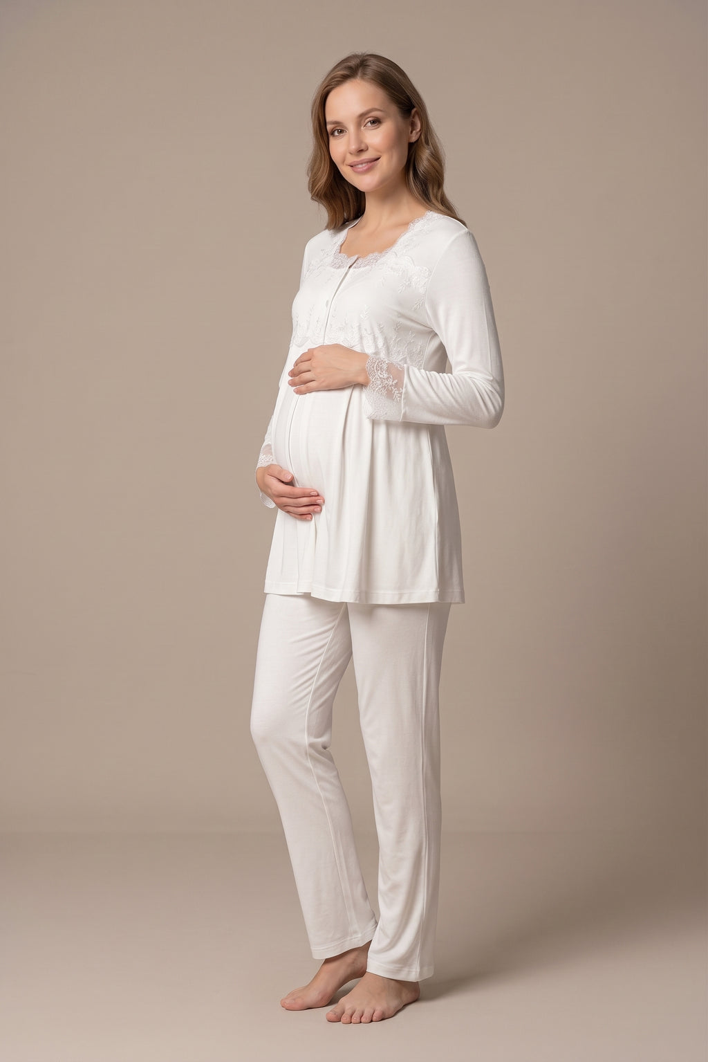 Şık Tasarım Dantel Detaylı Emzirme Kolaylıgı Saglayan Ayarlanabilir Bel Özellikli Pamuklu Pijama Takımı 02403