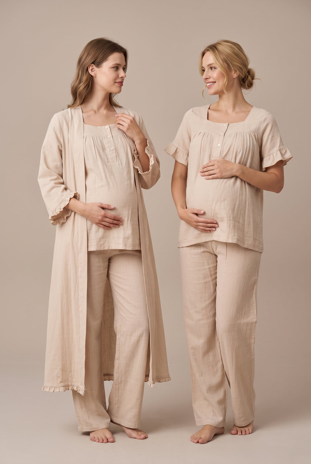 Şık Tasarım Müslin Kumaş Emzirme Kolaylıgı Saglayan  Ayarlanabilir Bel Özellikli Pamuk Lohusa Hamile Sabahlıklı Pijama Takımı 03084