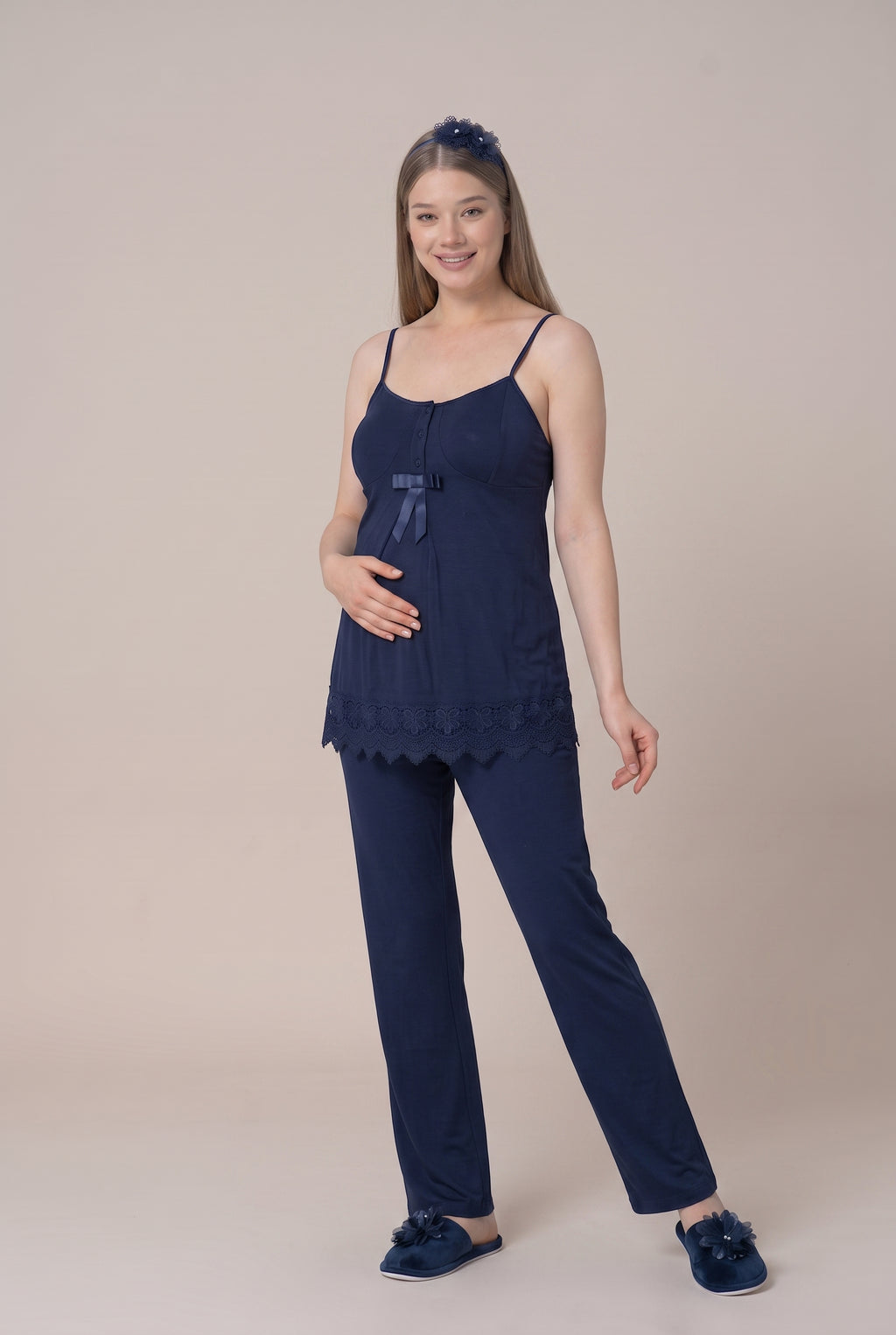 Şık Tasarım Dantel Detaylı Ayarlanabilir Bel Özellikli Emzirme Kolaylıgı Saglayan Pamuklu Lohusa Hamile Sabahlıklı Pijama Takımı 06045