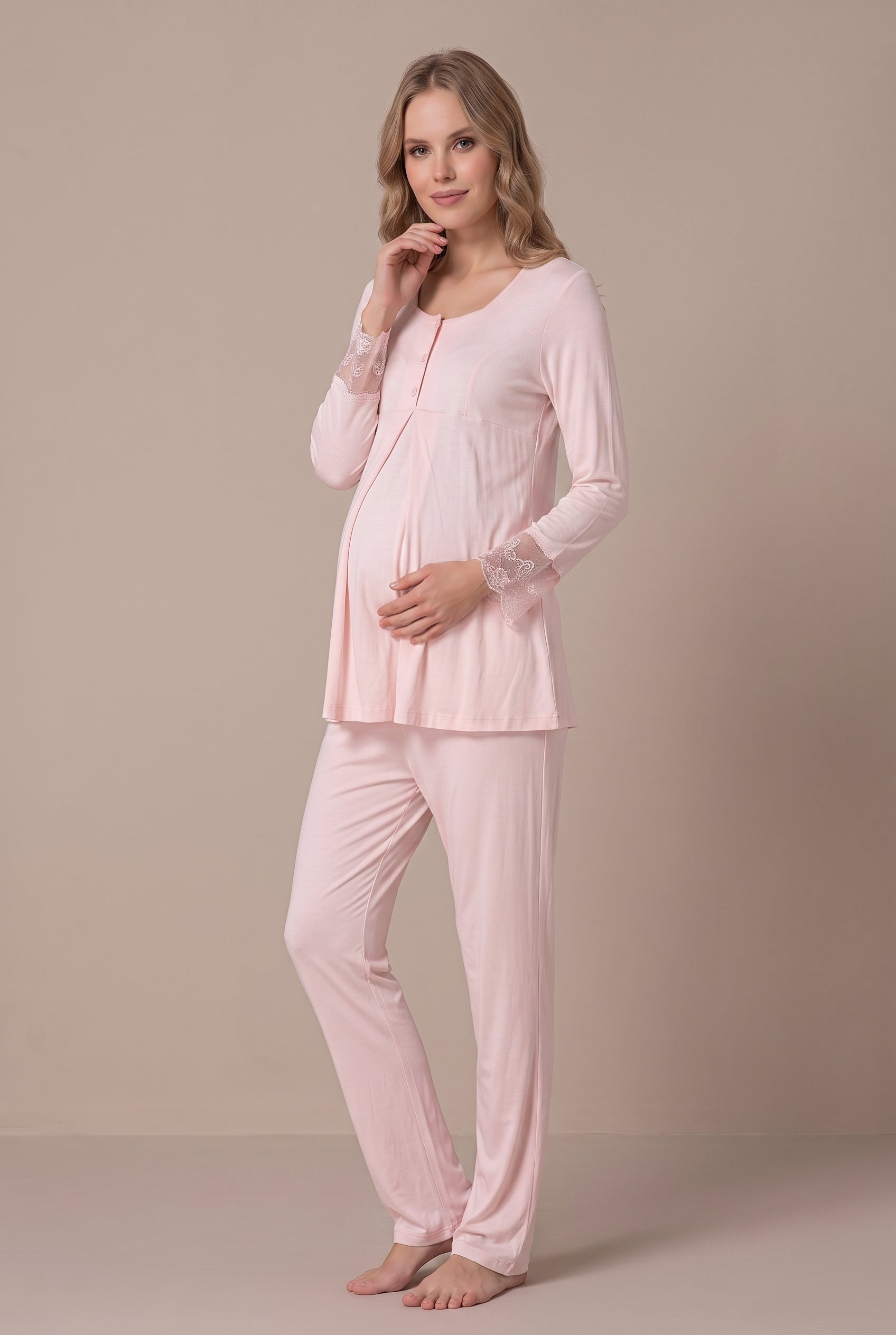 Şık Tasarım Desenli Dantel Detaylı Emzirme Kolaylıgı Saglayan Ayarlanabilir Bel Özellikli Pamuklu Lohusa Hamile Sabahlıklı Pijama Takımı 09044