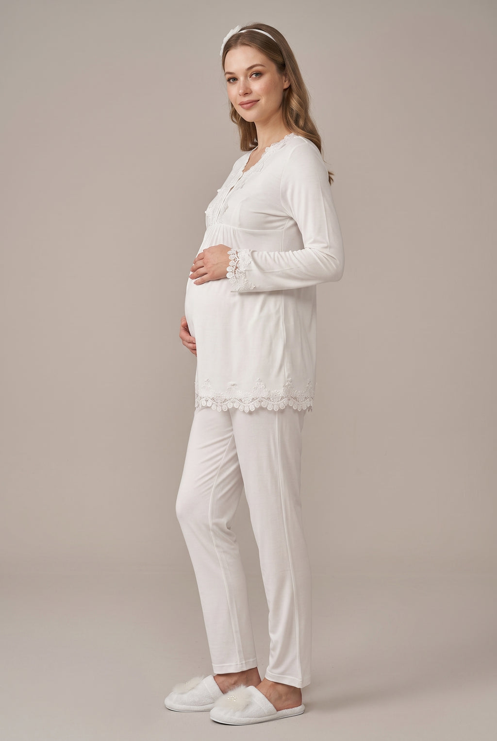 Şık Tasarım Dantel Detaylı Emzirme Kolaylıgı Saglayan Pamuklu Lohusa Hamile Pijama Takımı 01501