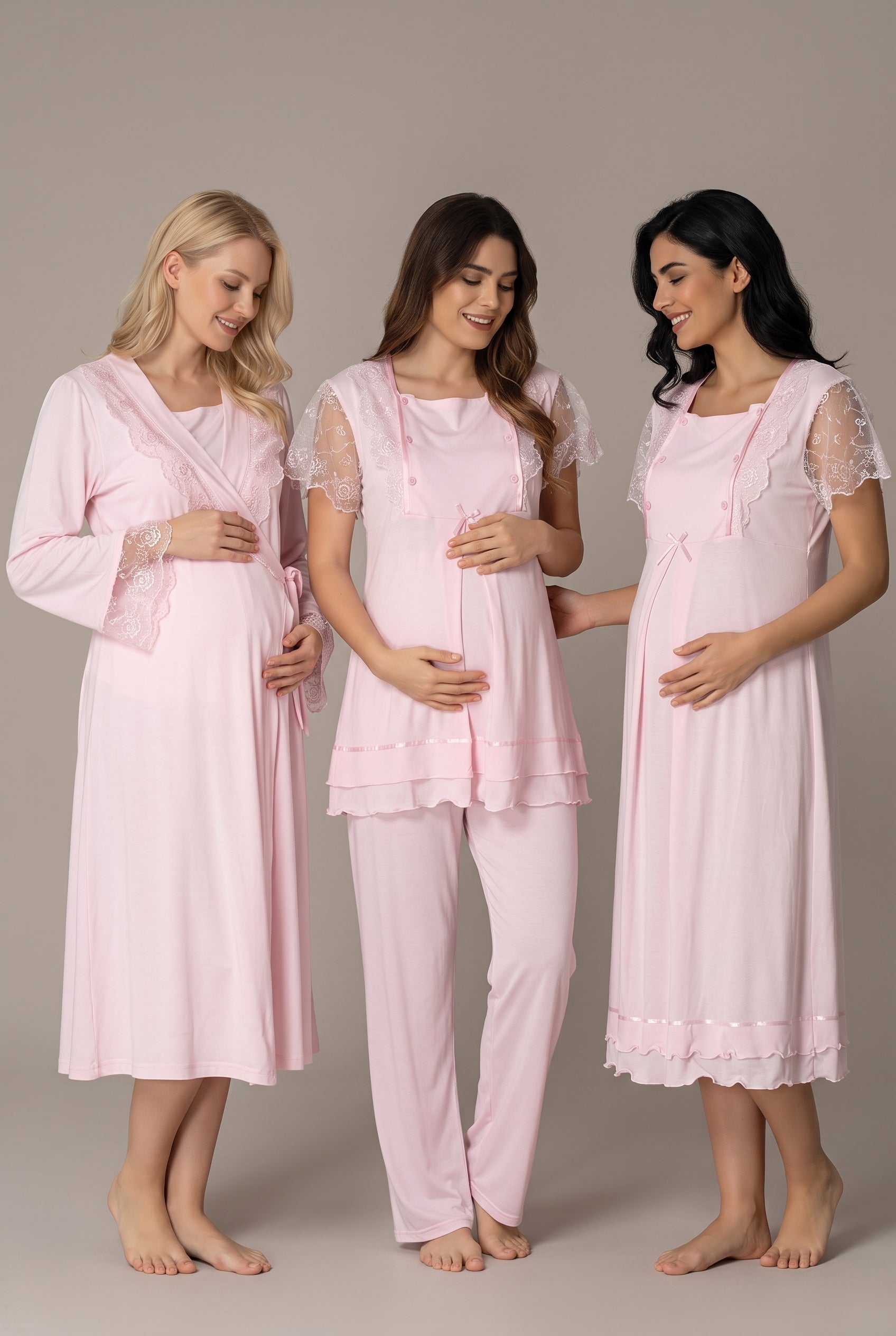 Şık Tasarım Dantelli Ayarlanabilir Bel Özellikli Pamuklu Lohusa Hamile Sabahlık Pijama Gecelik 4'Lü Set 02050