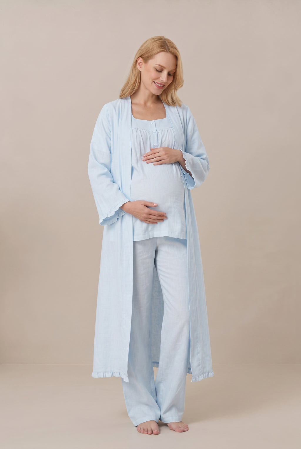 Şık Tasarım Müslin Kumaş Emzirme Kolaylıgı Saglayan  Ayarlanabilir Bel Özellikli Pamuk Lohusa Hamile Sabahlıklı Pijama Takımı 03084