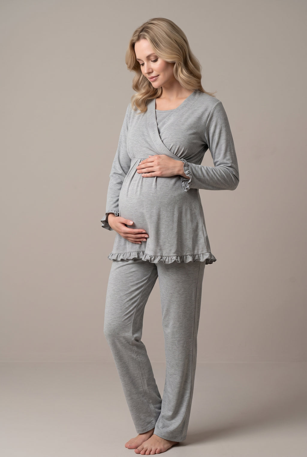 Şık Tasarım Kruvaze Yaka Ayarlanabilir Bel Özellikli Pamuklu Lohusa Hamile Pijama Takımı 04042