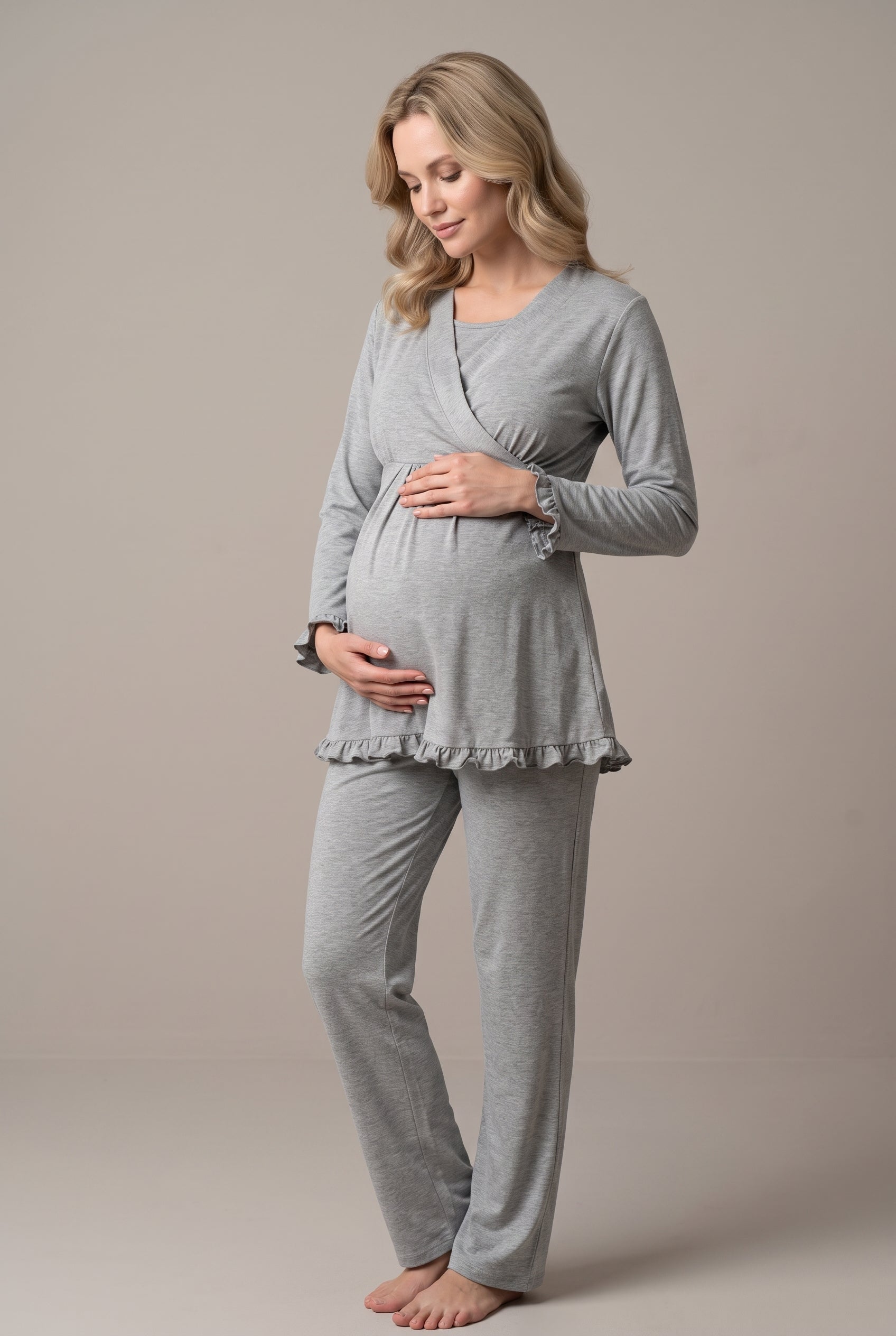 Şık Tasarım Kruvaze Yaka Ayarlanabilir Bel Özellikli Pamuklu Lohusa Hamile Pijama Takımı 04042