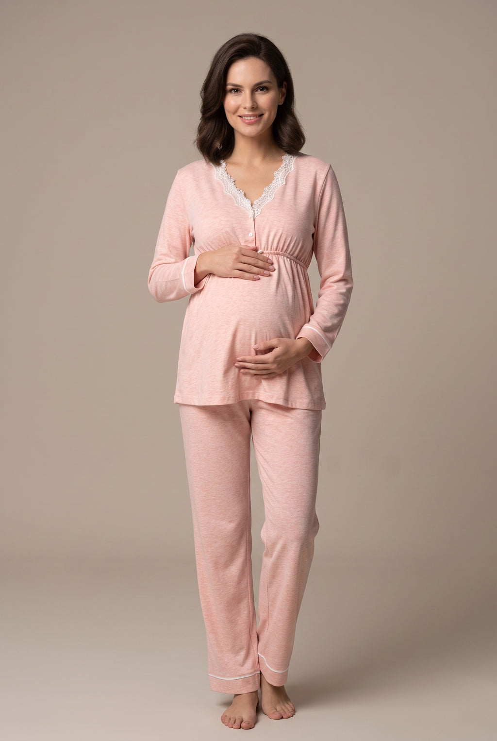 Şık Tasarım Dantel Detaylı Ayarlanabilir Bel Özellikli Pamuklu Lohusa Hamile Pijama Takımı 03052