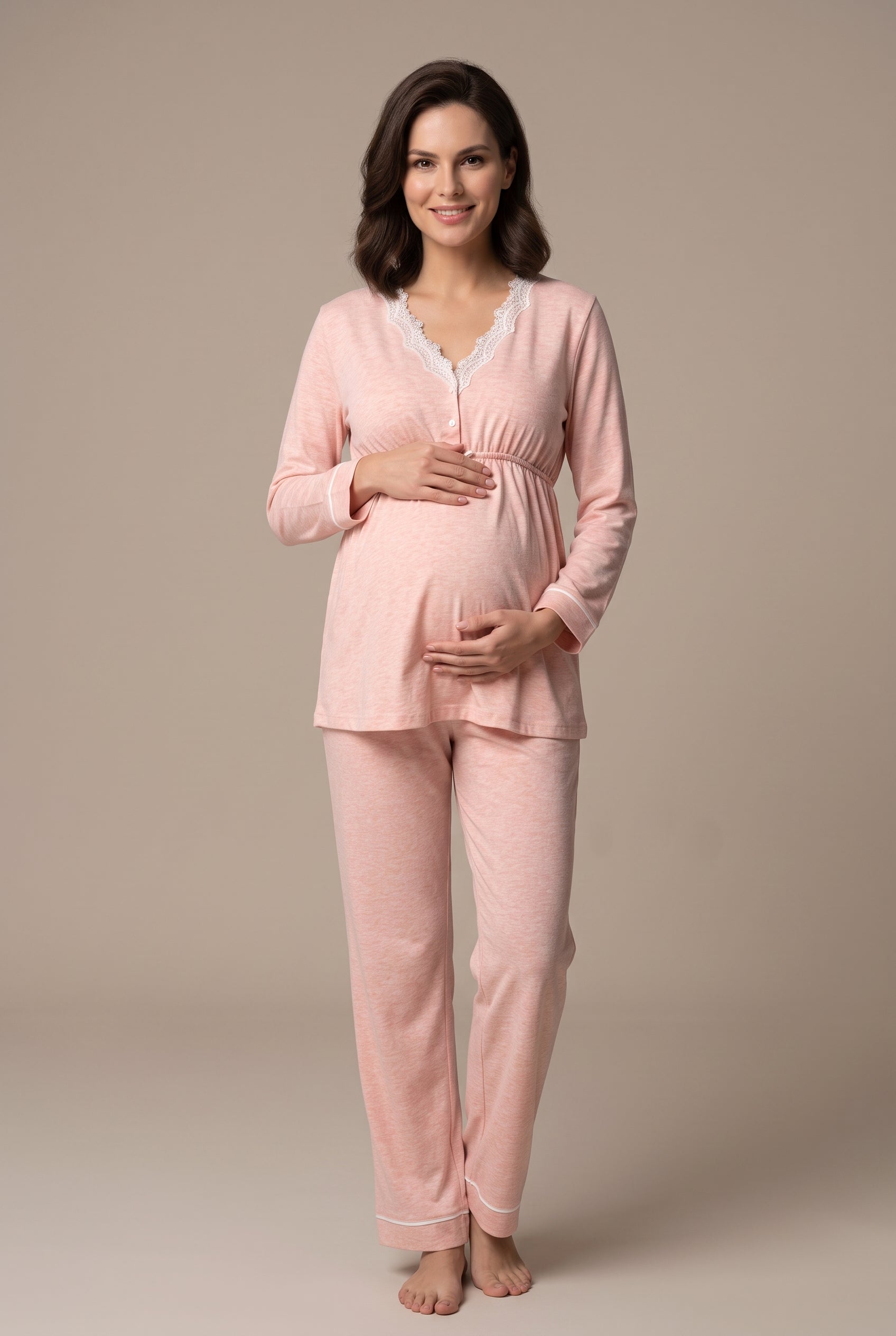 Şık Tasarım Dantel Detaylı Ayarlanabilir Bel Özellikli Pamuklu Lohusa Hamile Pijama Takımı 03052