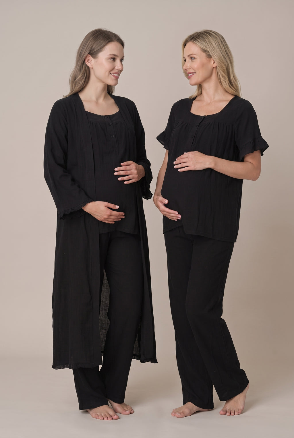 Şık Tasarım Müslin Kumaş Emzirme Kolaylıgı Saglayan  Ayarlanabilir Bel Özellikli Pamuk Lohusa Hamile Sabahlıklı Pijama Takımı 03084