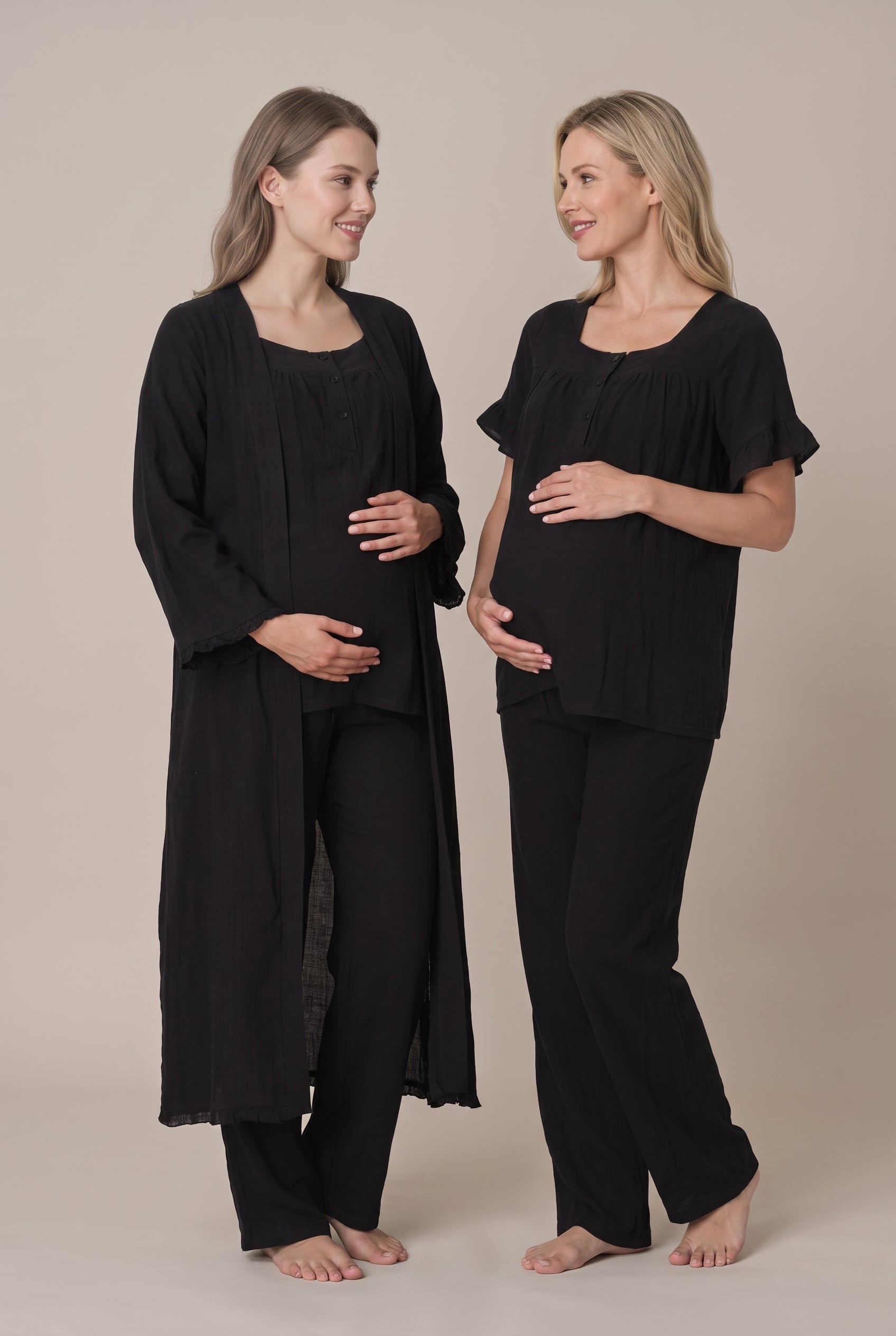 Şık Tasarım Müslin Kumaş Emzirme Kolaylıgı Saglayan  Ayarlanabilir Bel Özellikli Pamuk Lohusa Hamile Sabahlıklı Pijama Takımı 03084