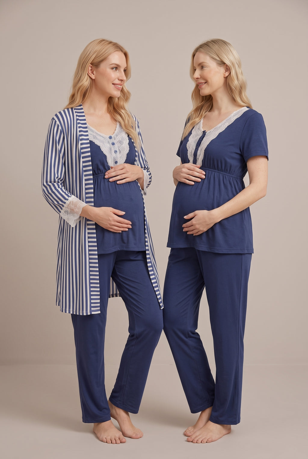 Şık Tasarım Desenli Dantel Detaylı Ayarlanabilir Bel Özellikli Lohusa Hamile Sabahlıklı Pijama Seti 02054